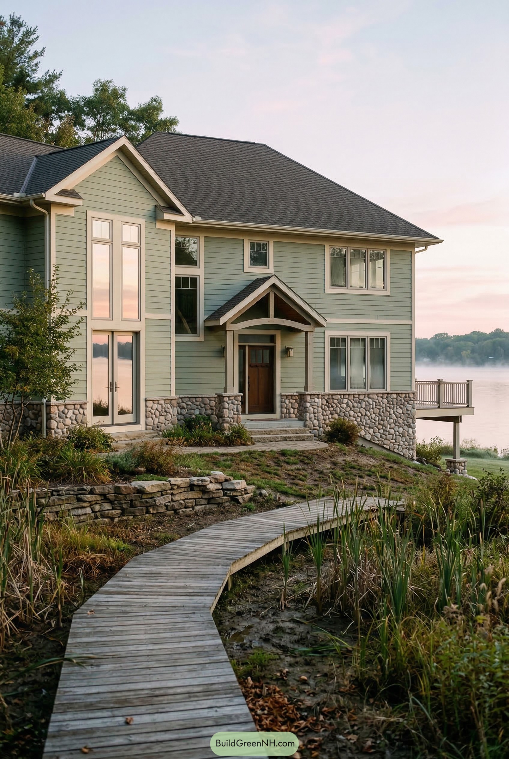 Sage green lake house with stone base