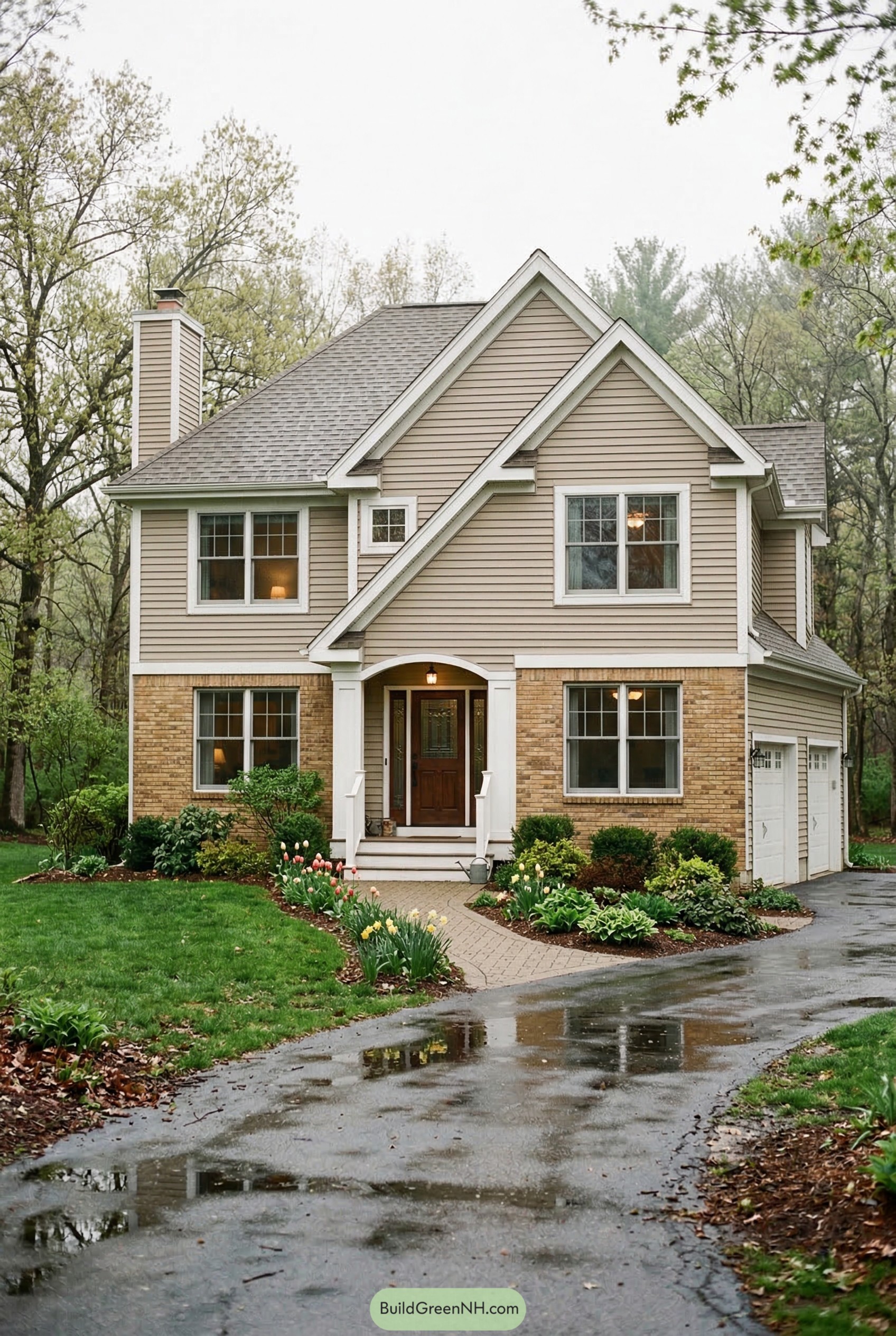 Two story beige house with brick base and front gables