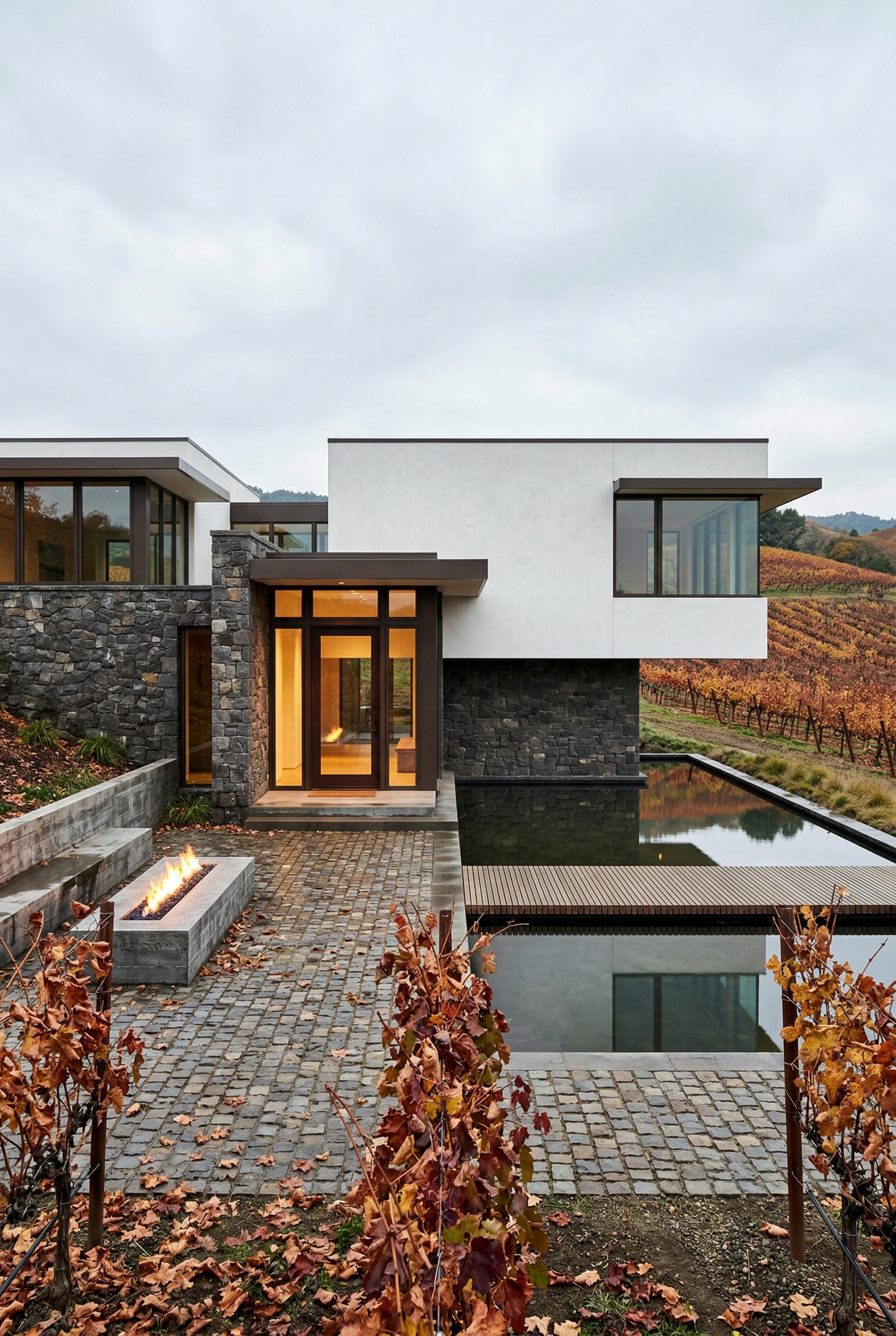 Modern vineyard house with stone walls water feature and fire pit courtyard
