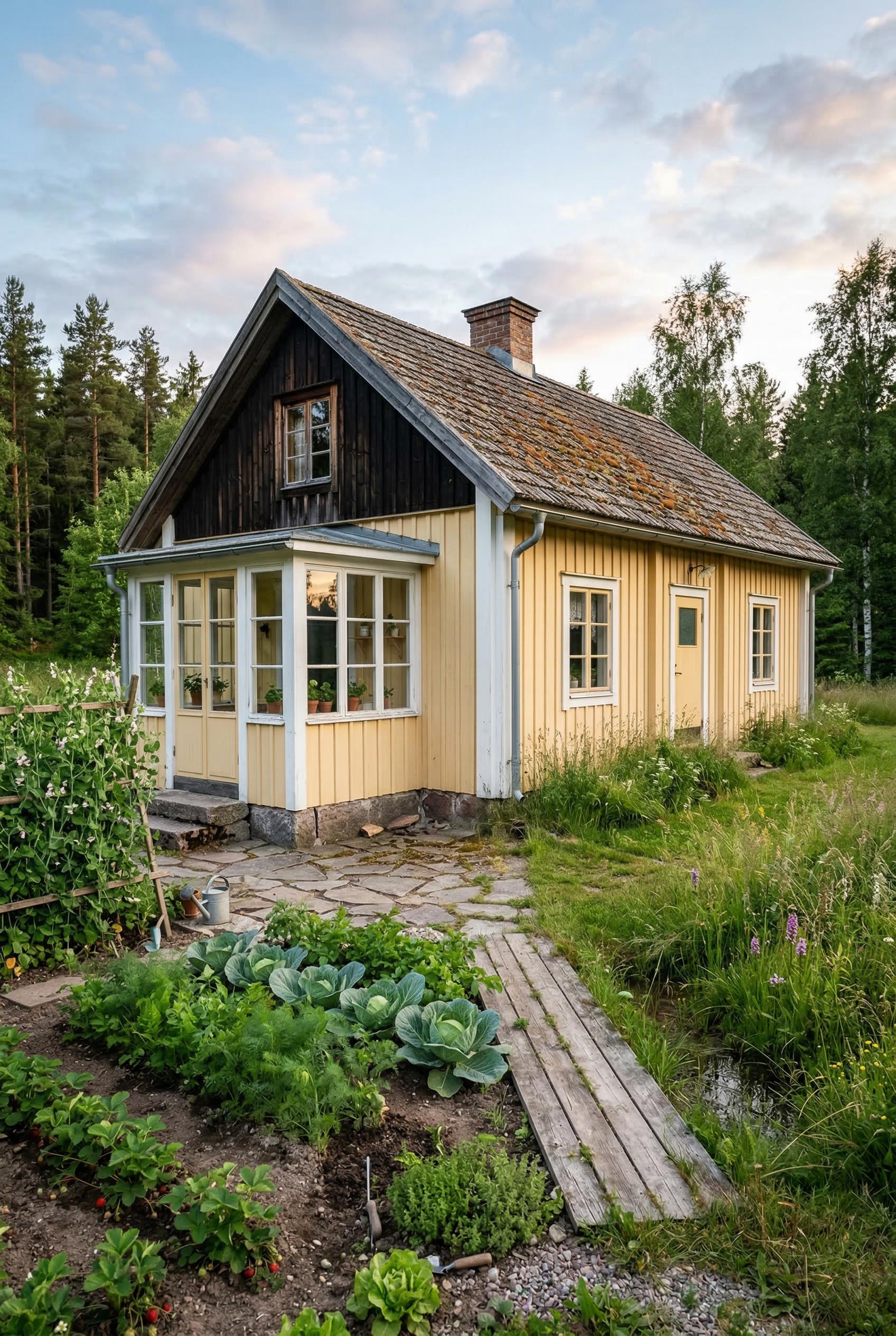 Pale yellow cottage beside a vegetable garden