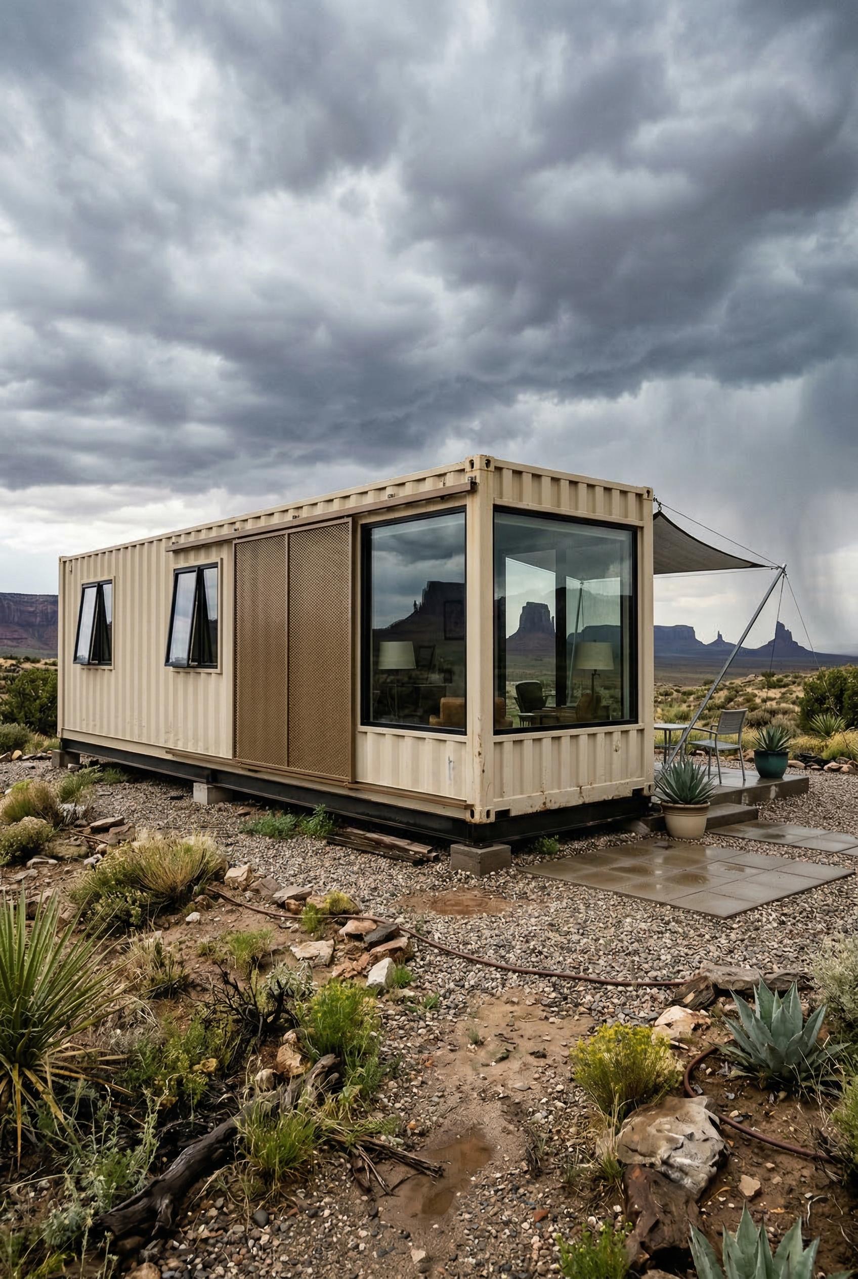 Beige container home beneath storm clouds