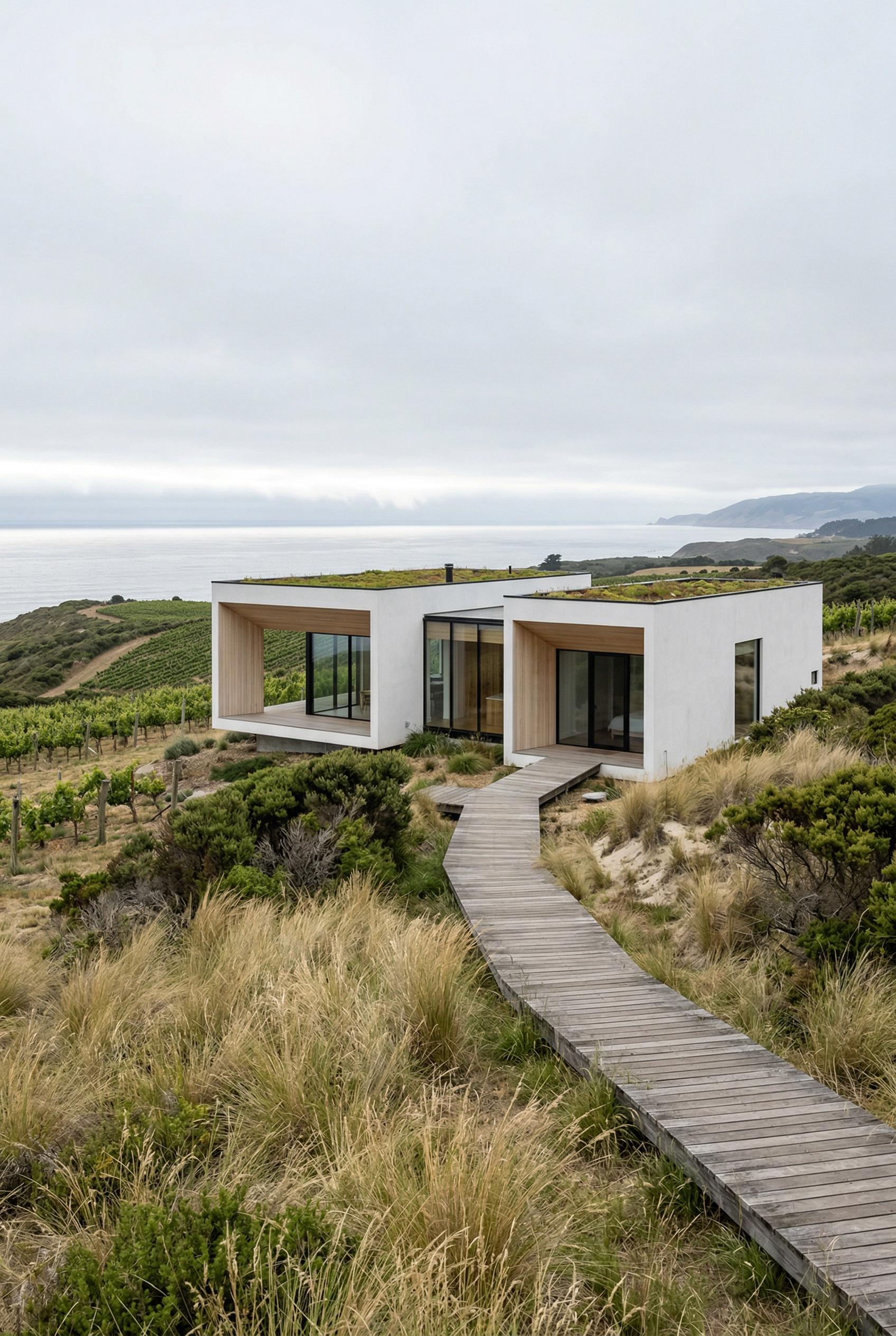 Modern white vineyard house with green roofs and a timber boardwalk leading through dunes to glass-walled courtyards