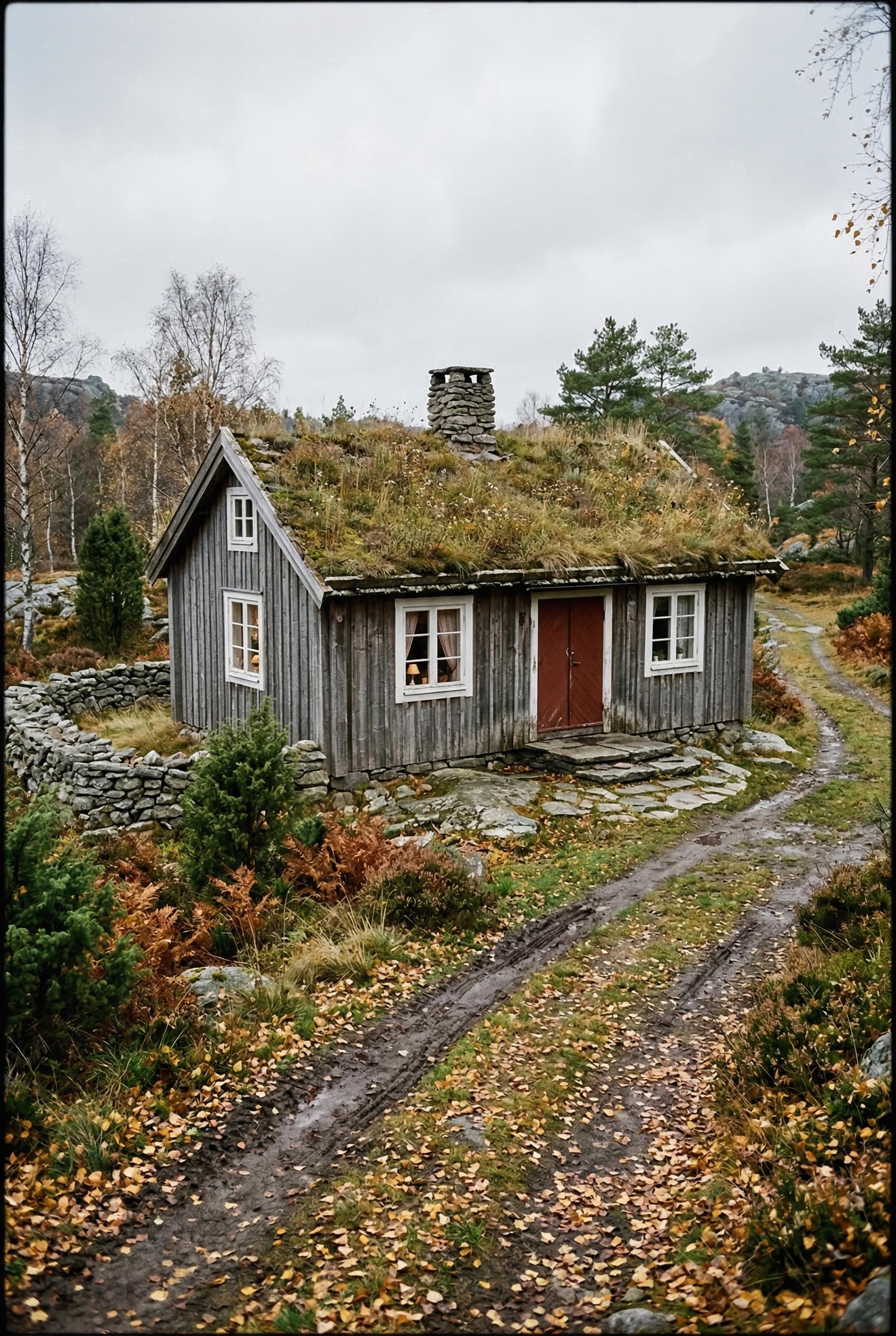Weathered gray cottage with turf roof and stone chimney