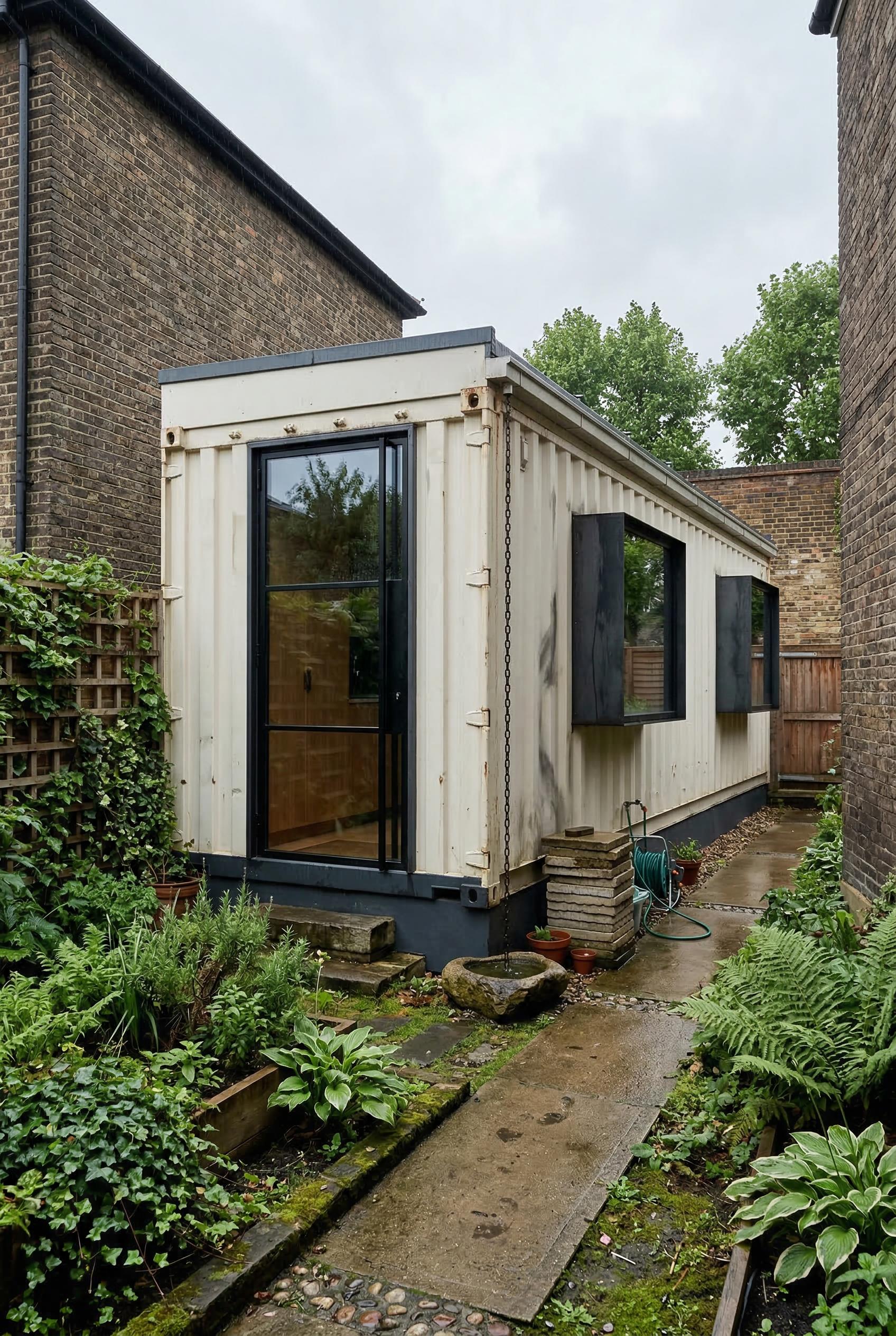 White container home in a narrow garden