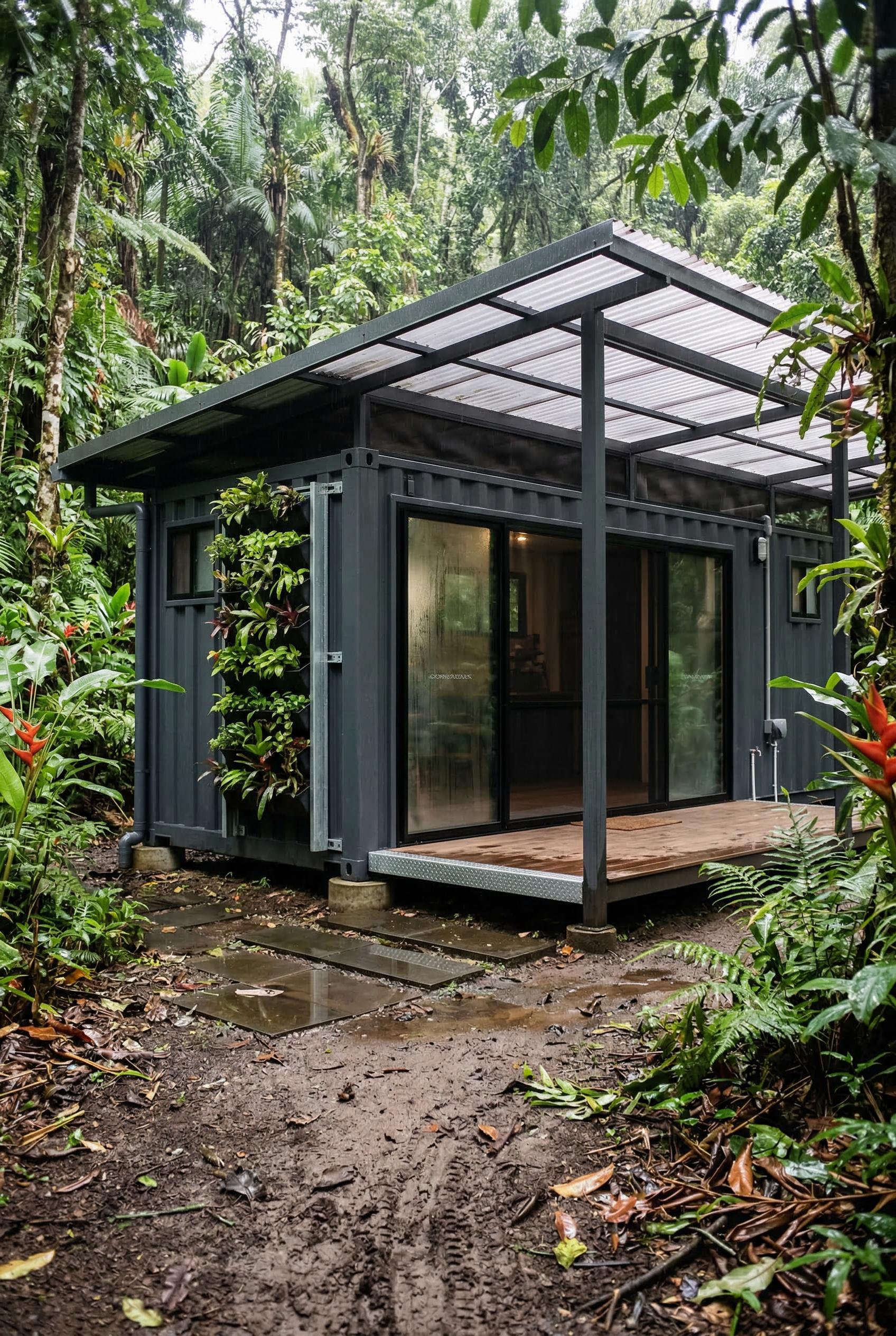 Dark container house with covered deck in rainforest