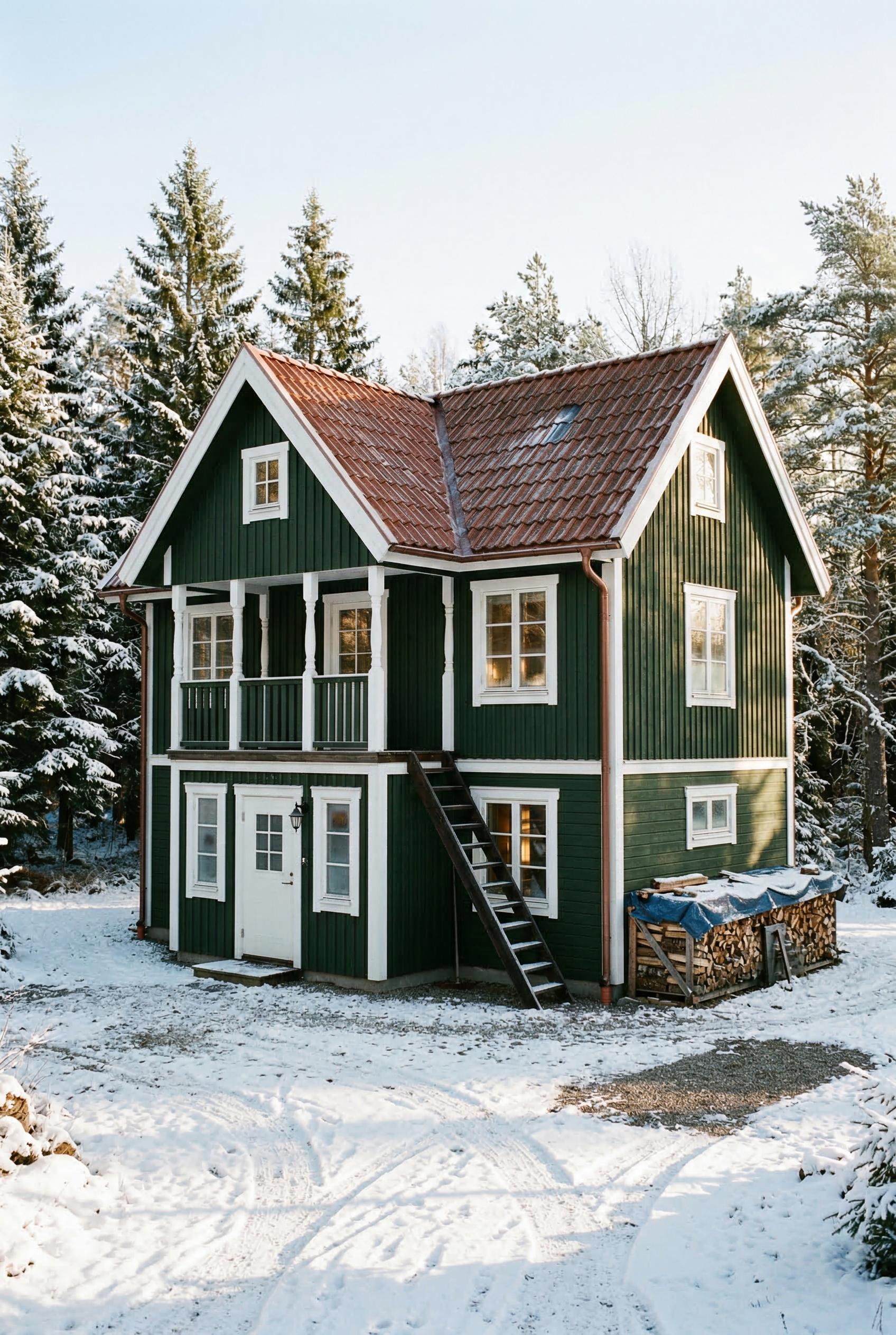 Dark green Swedish house with red tile roof in snow