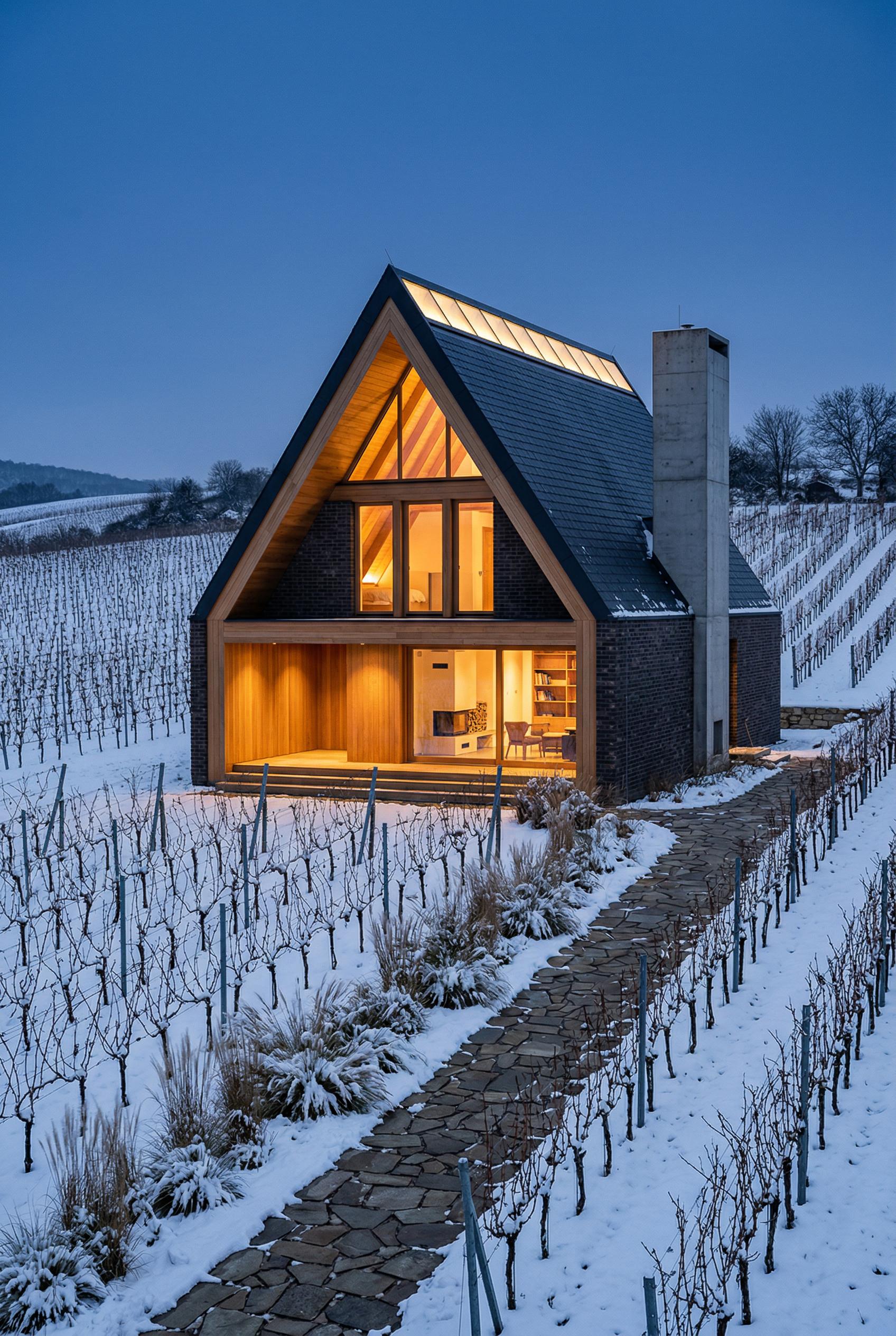 Warm gabled vineyard house glowing in snowy fields at dusk