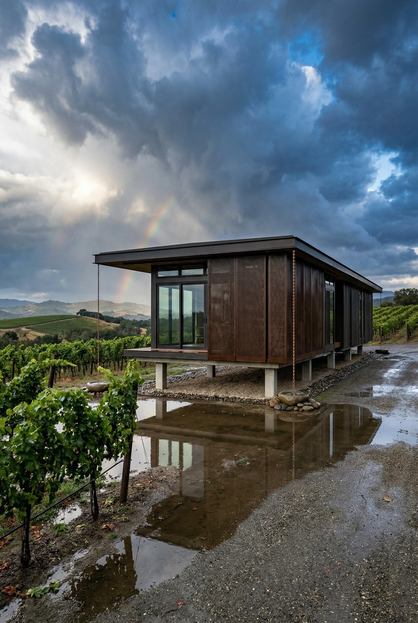 Modern boxy vineyard house raised on concrete piers beside wet gravel path under dramatic cloudy sky and rainbow