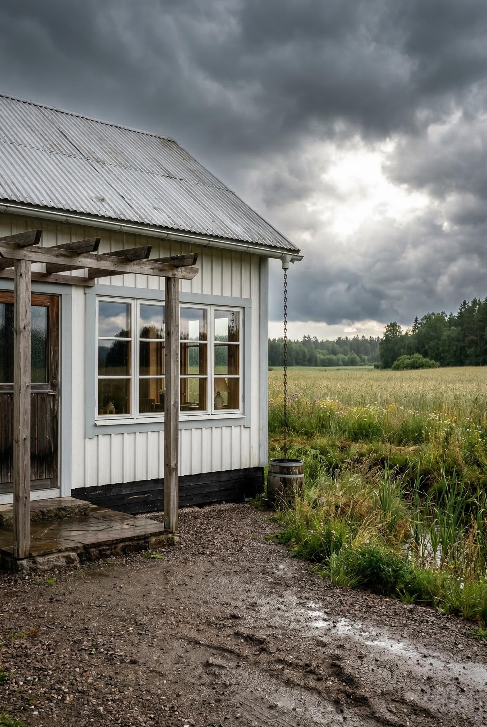 White cottage with tin roof beside a field under storm clouds