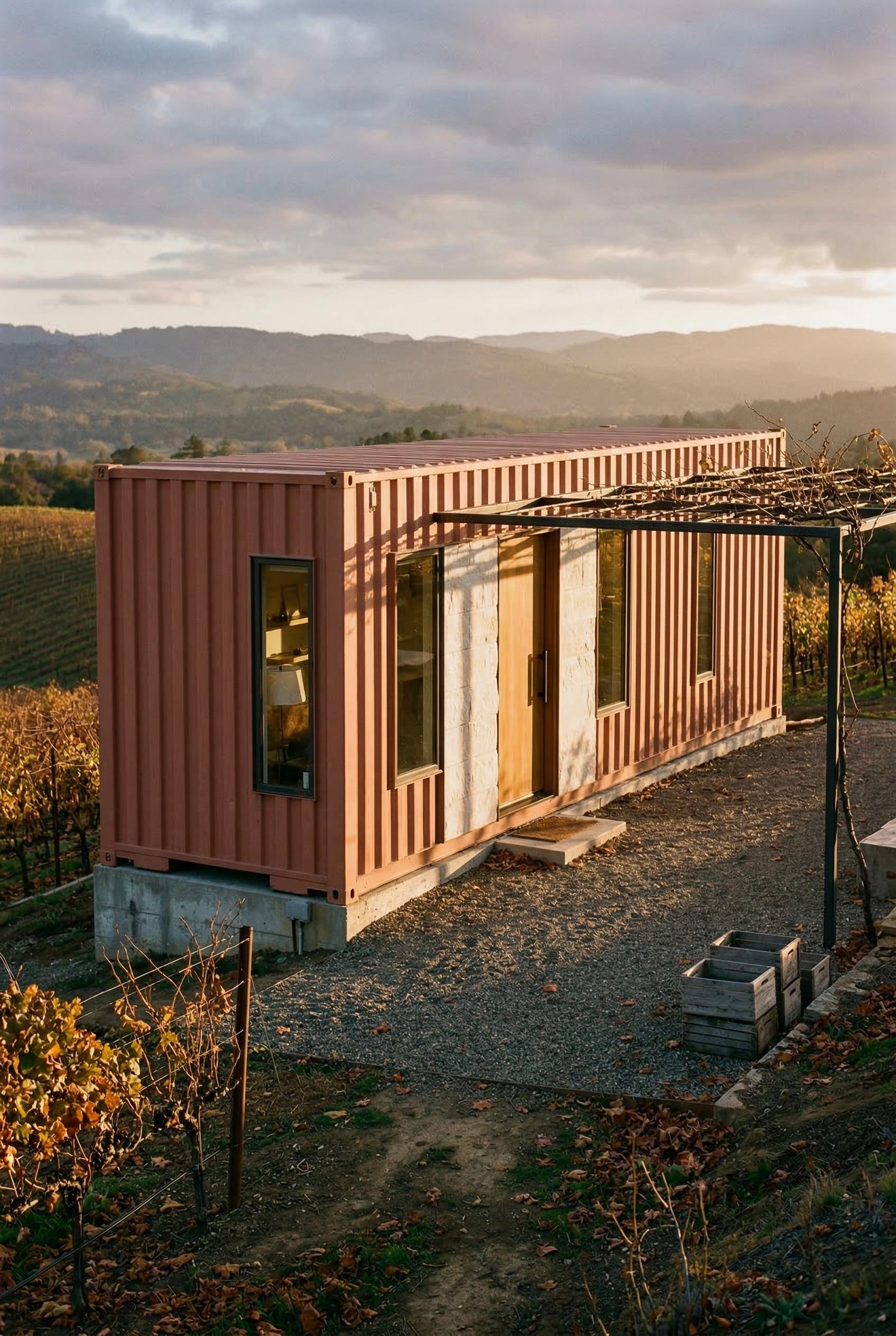 Blush container house beside vineyard rows