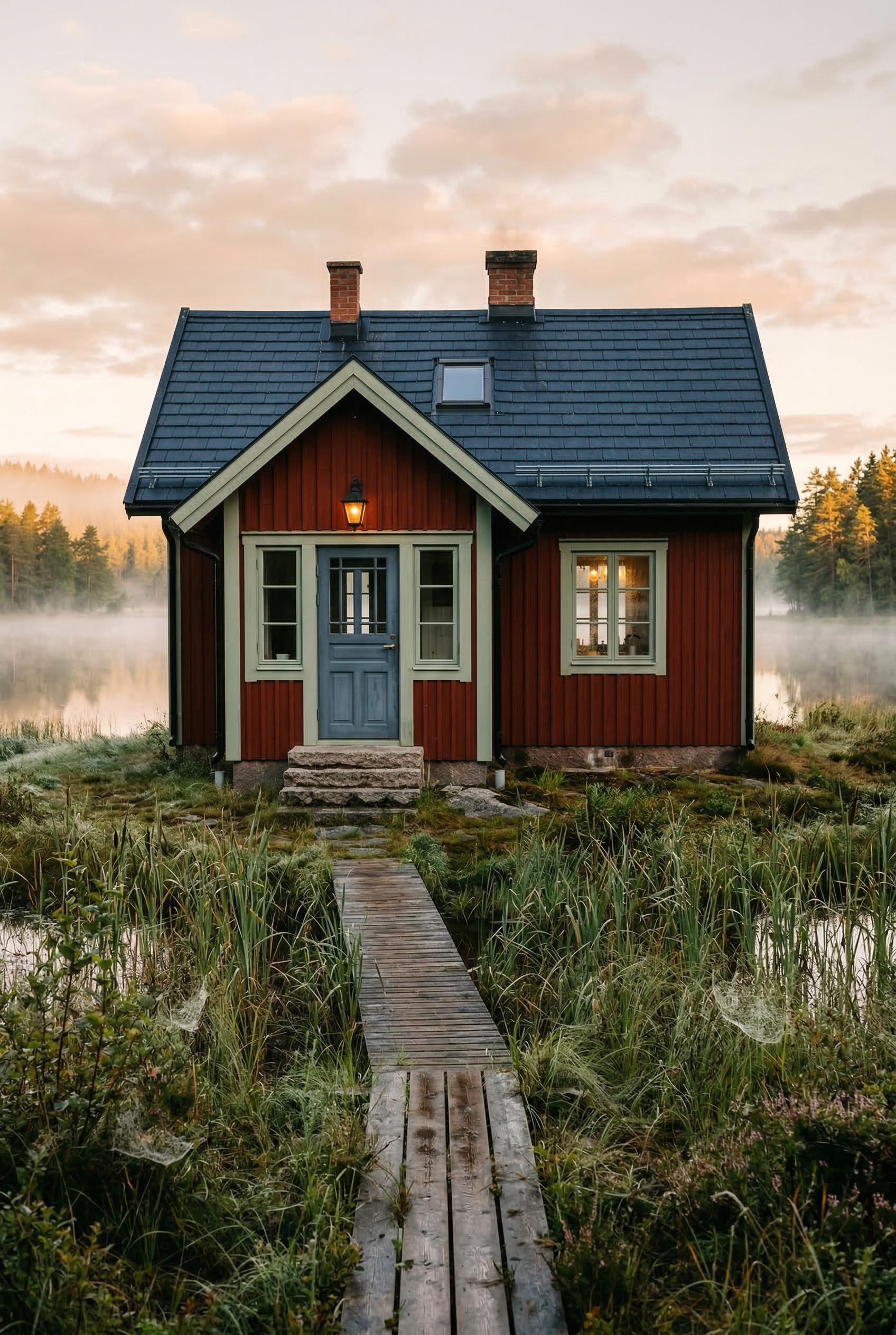 Red lakeside cottage with black roof and boardwalk