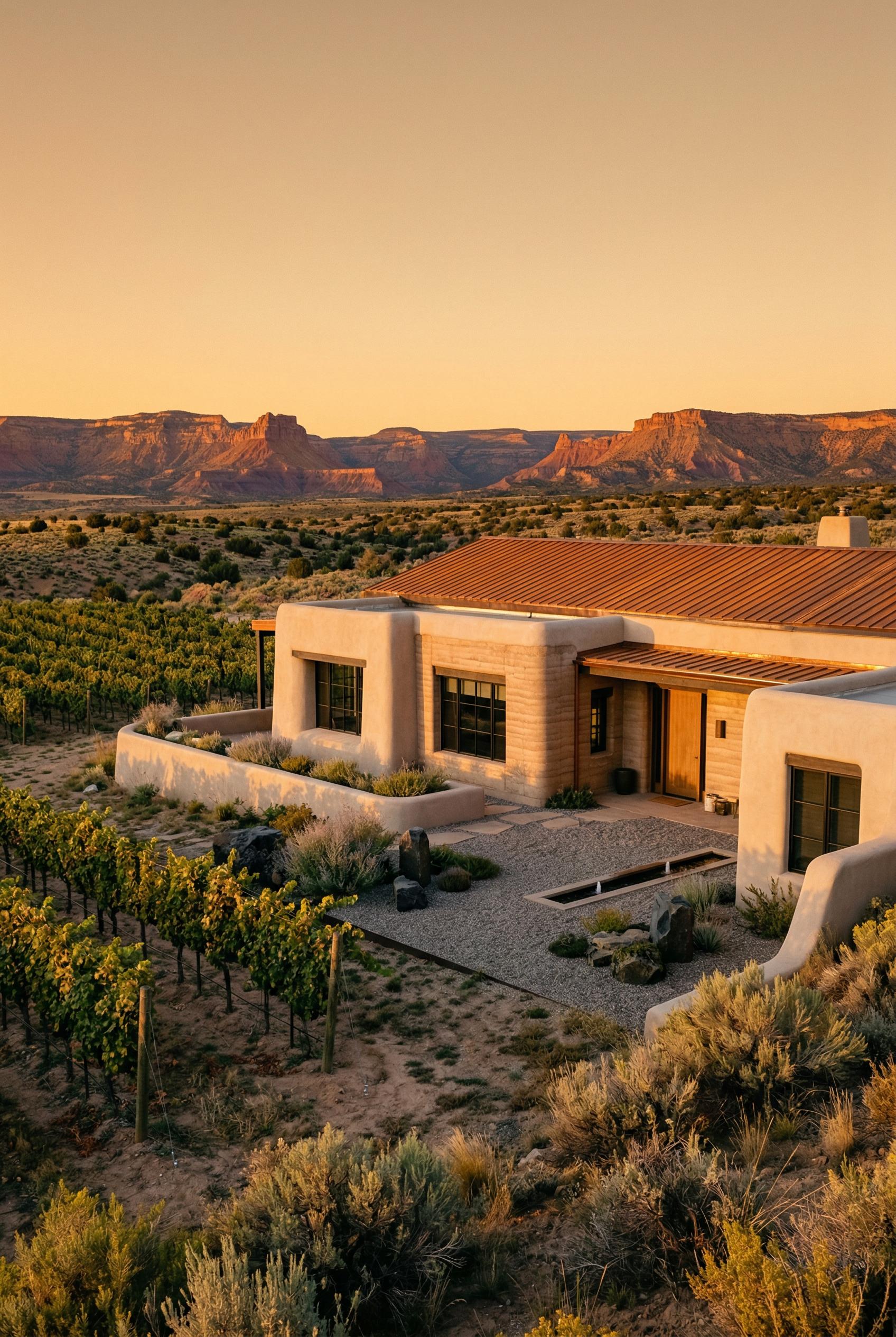 Single story adobe style vineyard house set in desert landscape with distant red rock mesas at sunset