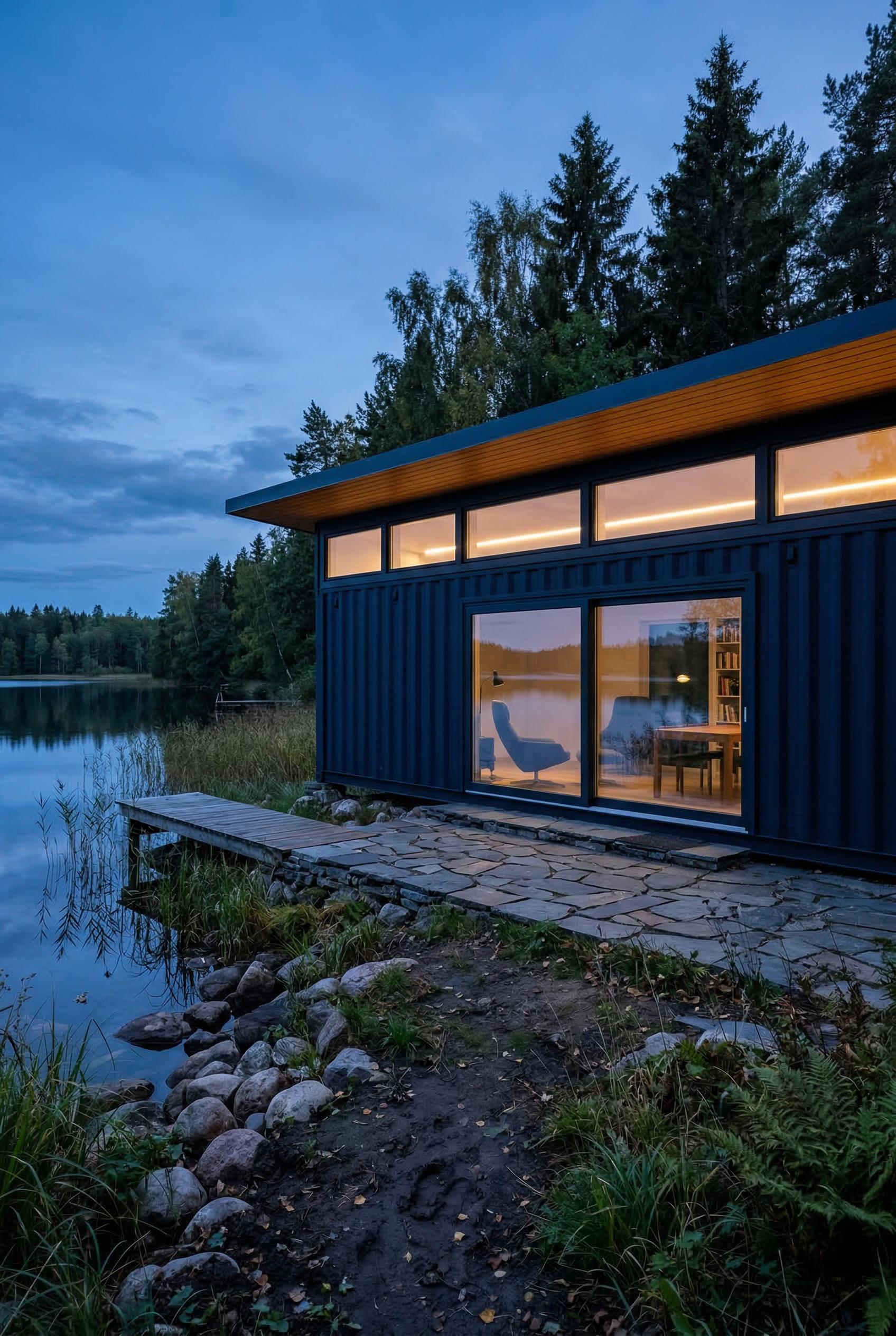 Dark container home beside a quiet lake