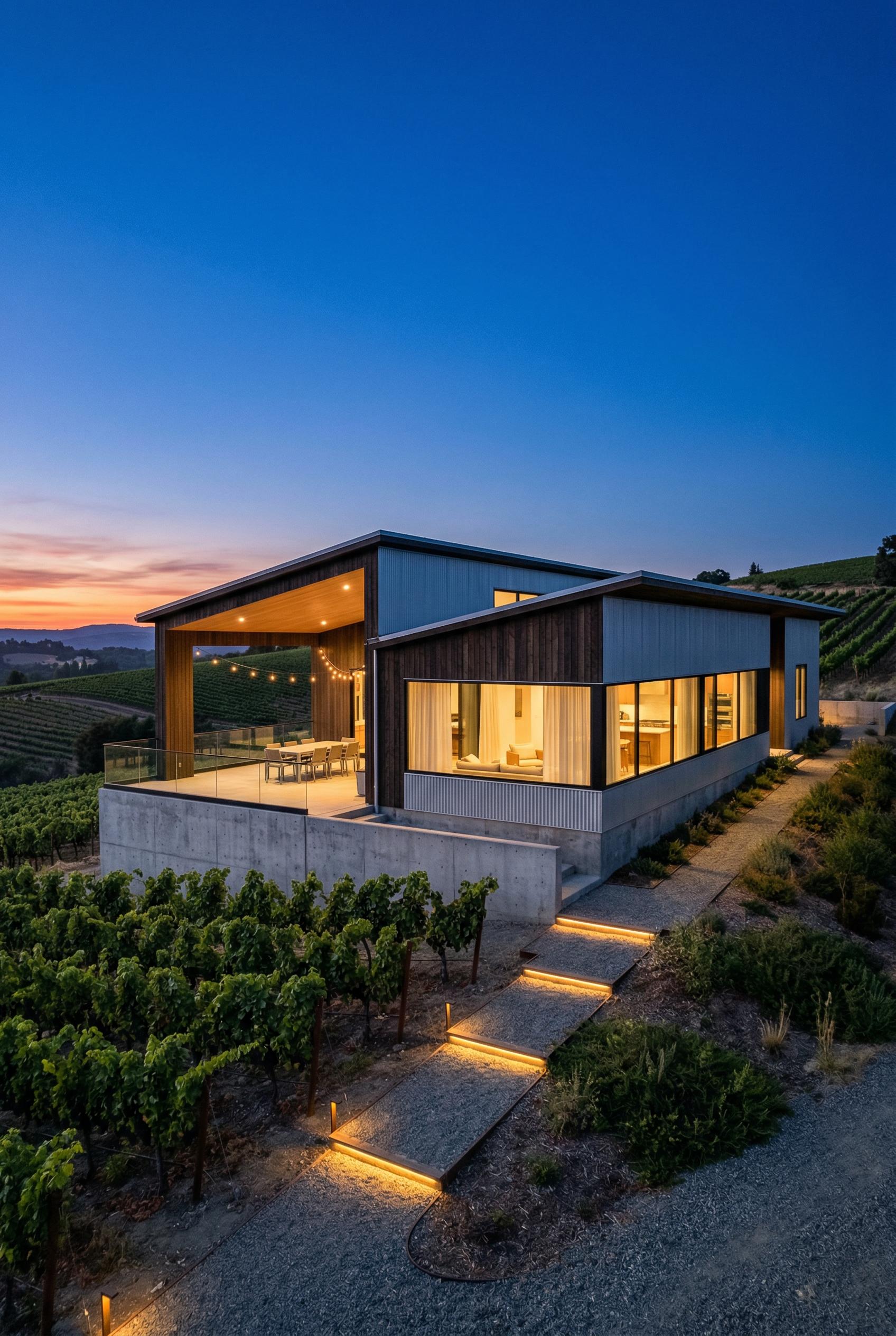 Modern hillside vineyard house at dusk