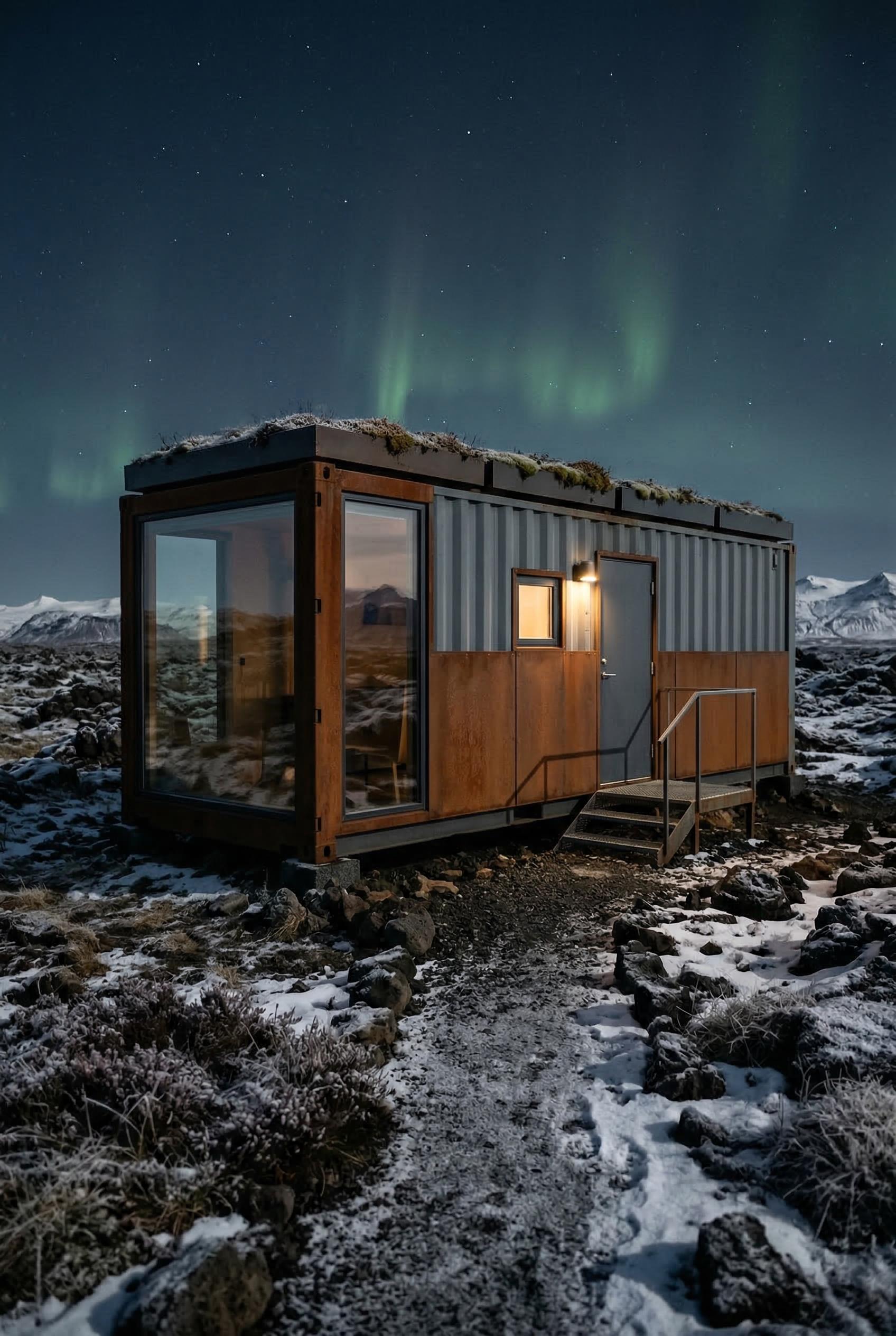 Container house with glass corner in snowy lava field under aurora