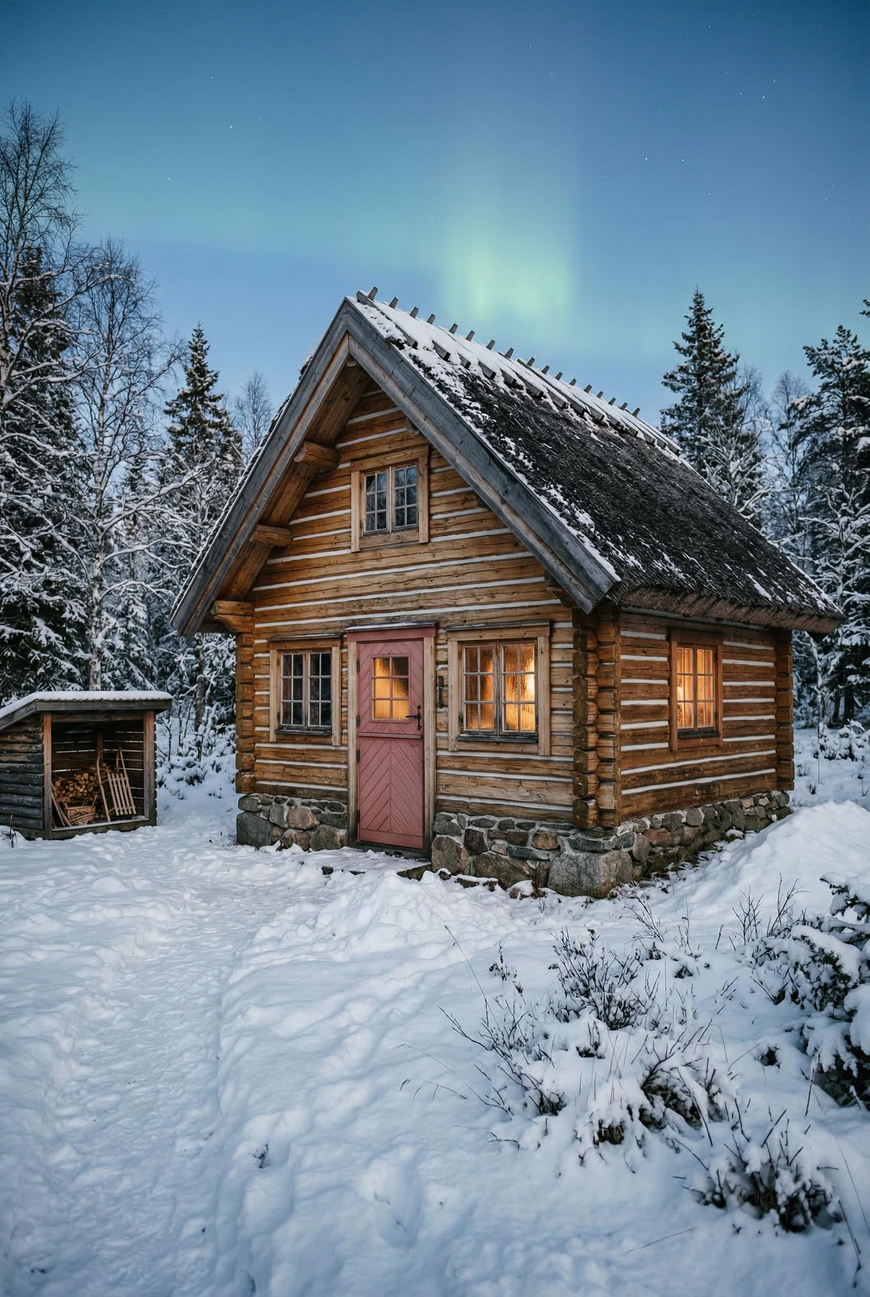 Snowy log cabin with pink door