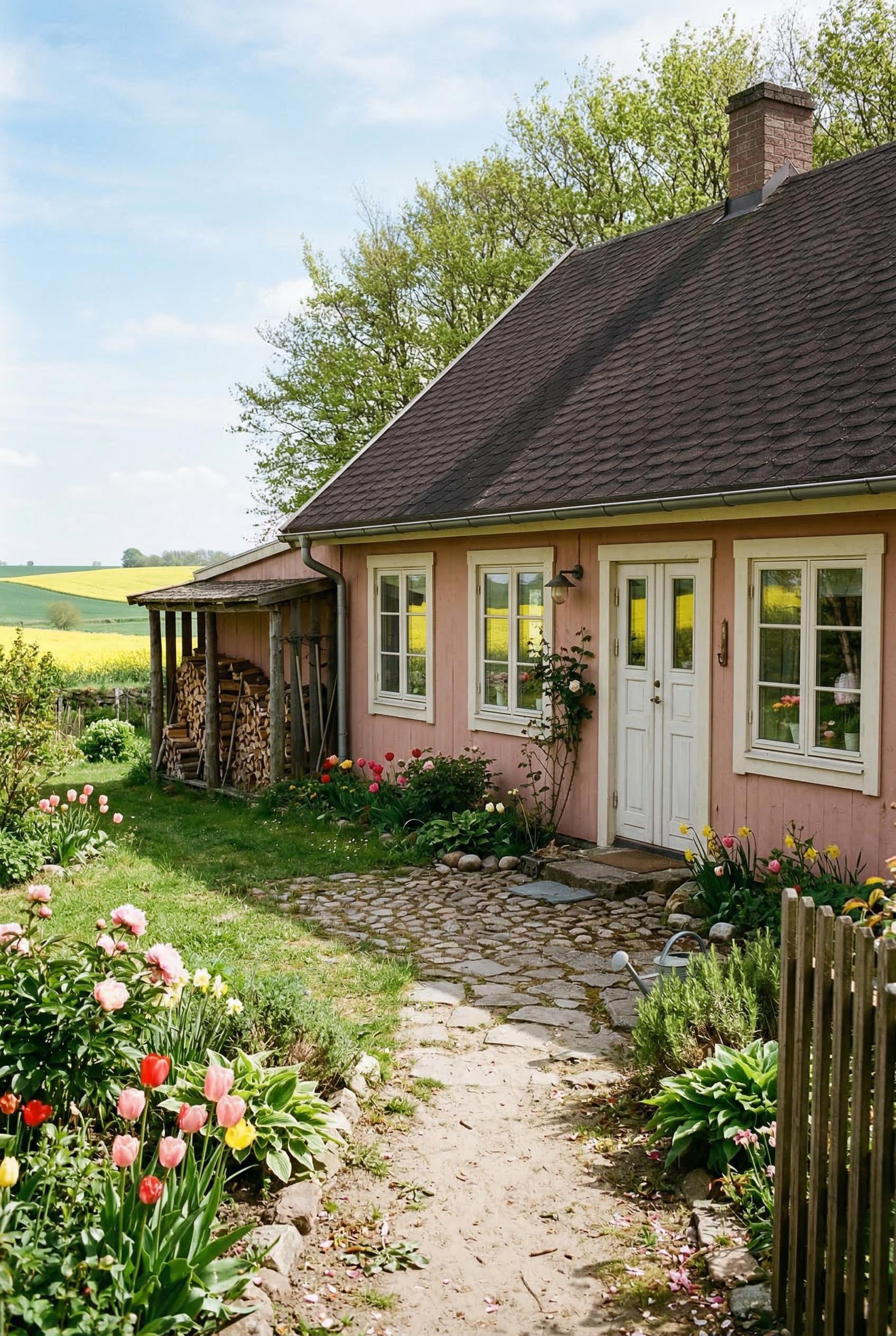 Soft pink cottage with cobble path and tulips