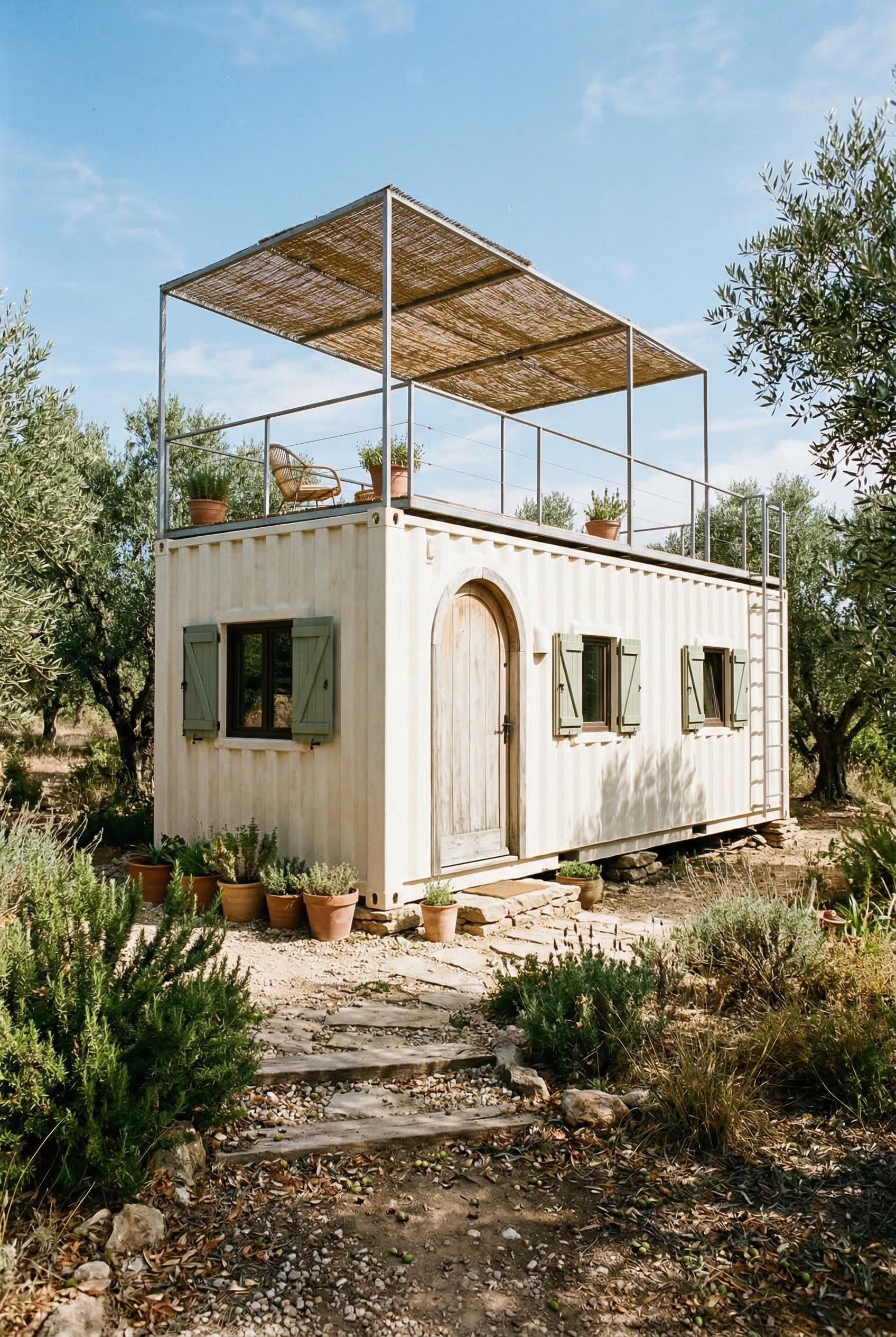 Cream container house with rooftop pergola in olive grove