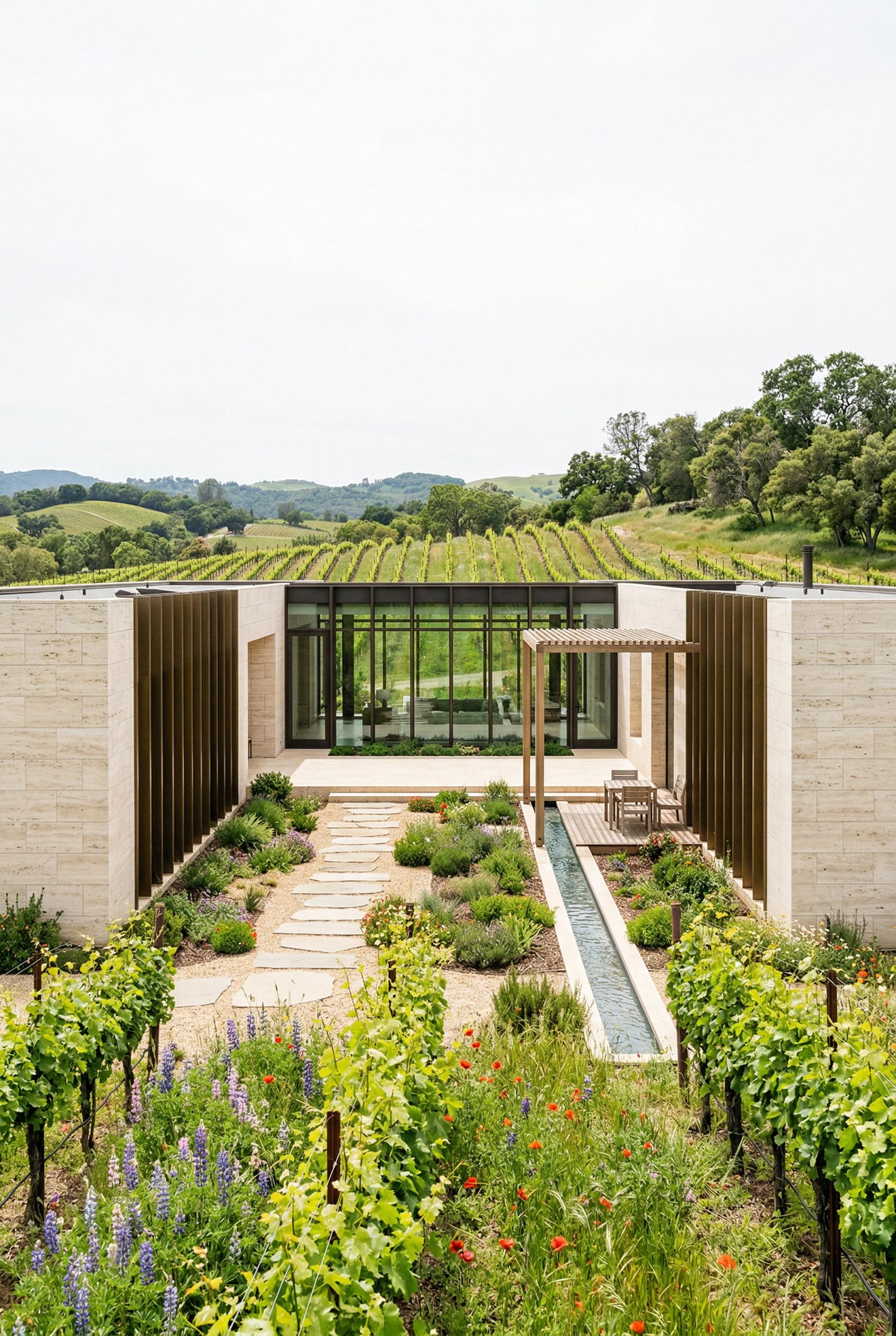 Modern vineyard house with central courtyard, reflecting pool, and glass pavilion framed by vines and hills