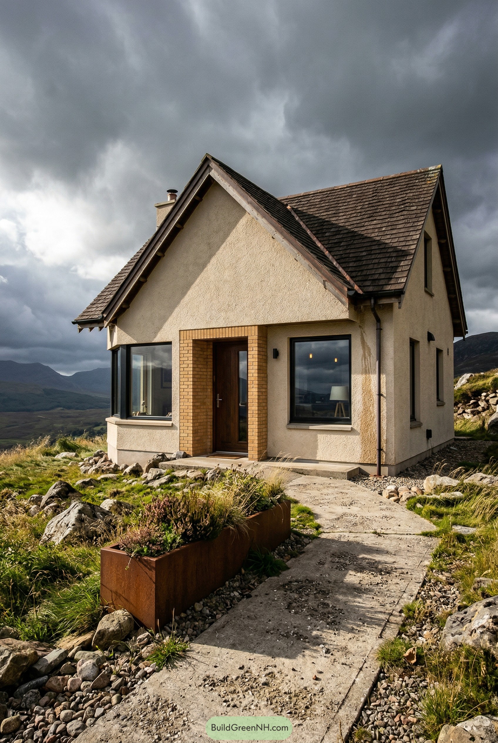 Compact cream cottage with steep roof and large windows facing a rocky lawn and distant hills