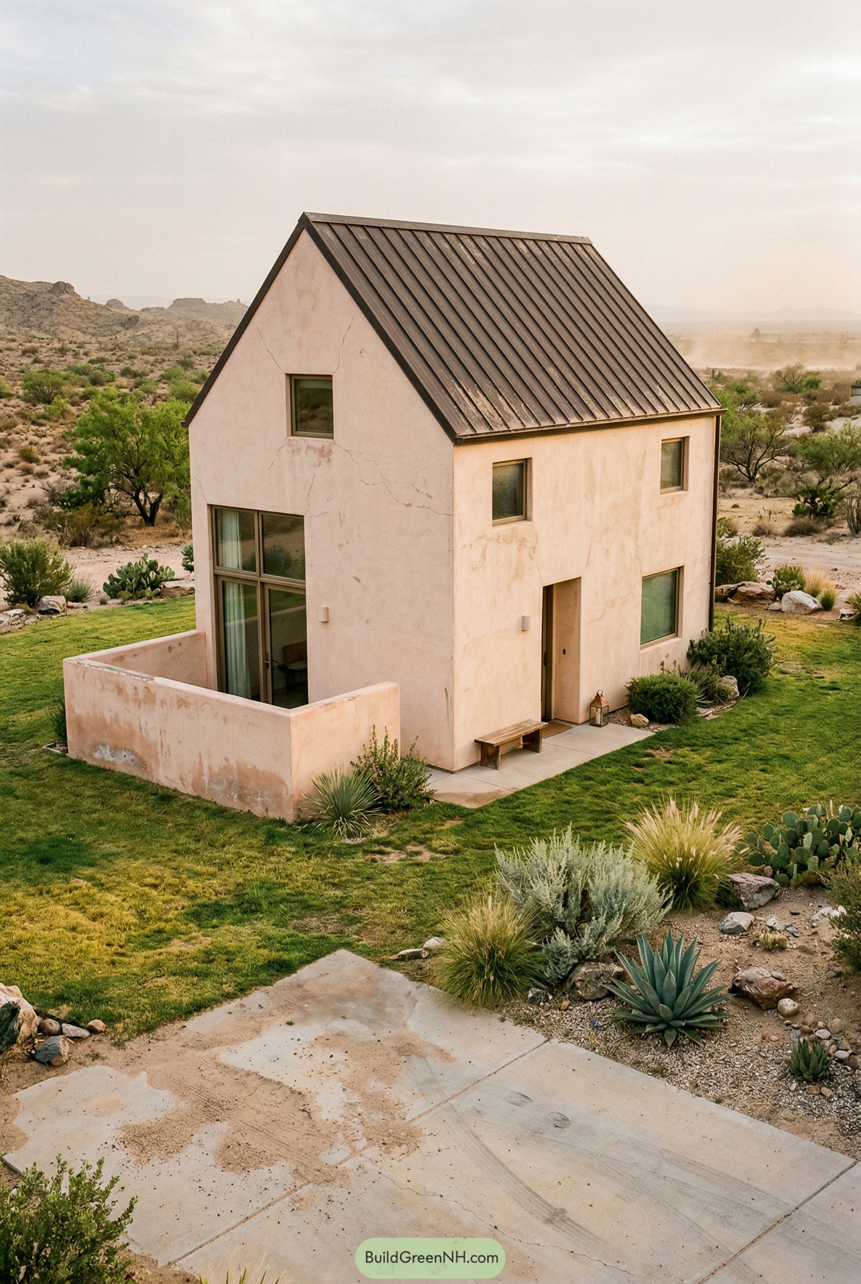 Small modern cottage with stucco walls and metal roof set on a green lawn in a rocky desert landscape