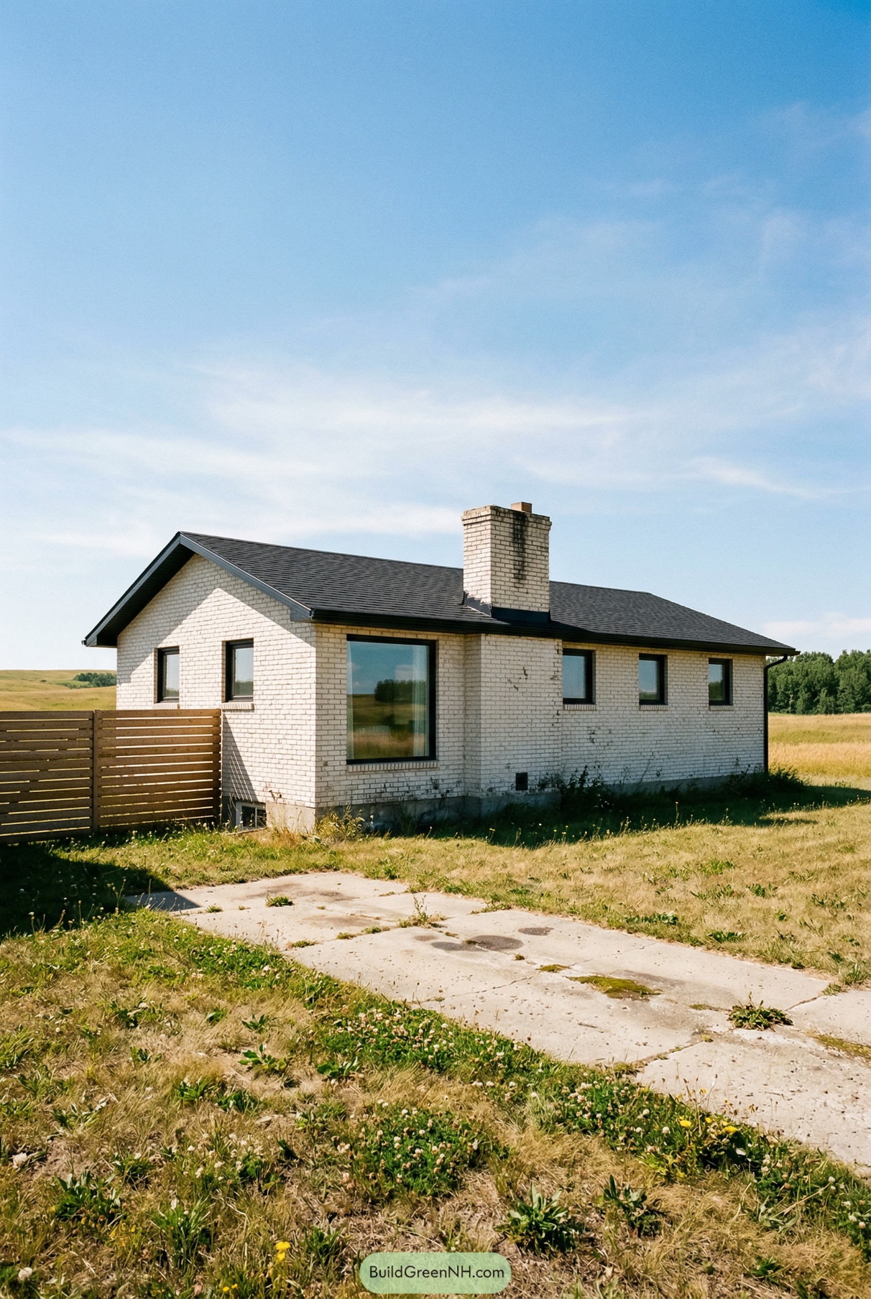 Single story white brick cottage with black roof set in an open grassy field