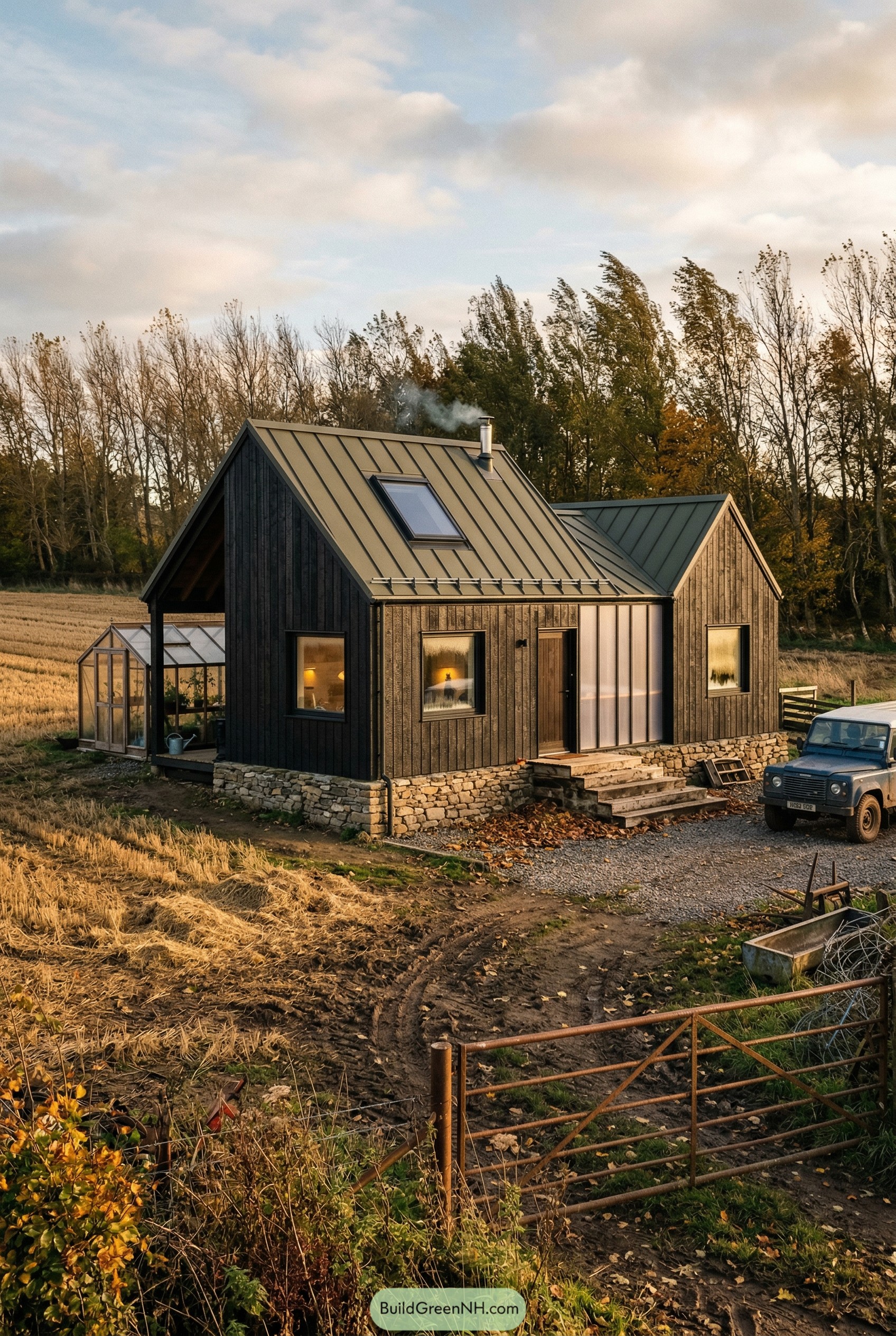 A full-house-in-view documentary-style photo of a compact modern cottage on a working farm, composed of two offset gabled volumes clad in charred shou sugi ban timber with a band of translucent polycarbonate at the mudroom, sitting on a rough stone plinth; dark olive standing-seam roof with a thin snow guard line, oversized skylight, and a sheltered breezeway linking to a small greenhouse; late-autumn golden-hour light with long shadows across harvested stubble fields, scattered hay remnants, leaf litter caught along the porch steps, and a windbreak of poplars bending slightly in gusts, camera framed from a three-quarter angle near a rusted gate. No people, no animals, no text, strictly no collages. Make this look like a real, un-staged architectural photograph (not a render). Use coherent real-world lighting for a specific time/weather (consistent shadow direction and softness across the whole scene). Ensure physically correct grounding with strong contact shadows/ambient occlusion - nothing floating. Add natural realistic environmental randomness (irregular vegetation density, mixed species, messy edges, footprints/mud/snow variation, small clutter). Glass must behave realistically (balanced reflections + interior visibility, mild glare hotspots, slight condensation if cold). Avoid perfect symmetry and "hero shot" staging; use slightly off-center human framing. Add subtle camera characteristics: realistic dynamic range (no HDR look), mild depth of field, slight vignetting, gentle film grain, natural color.