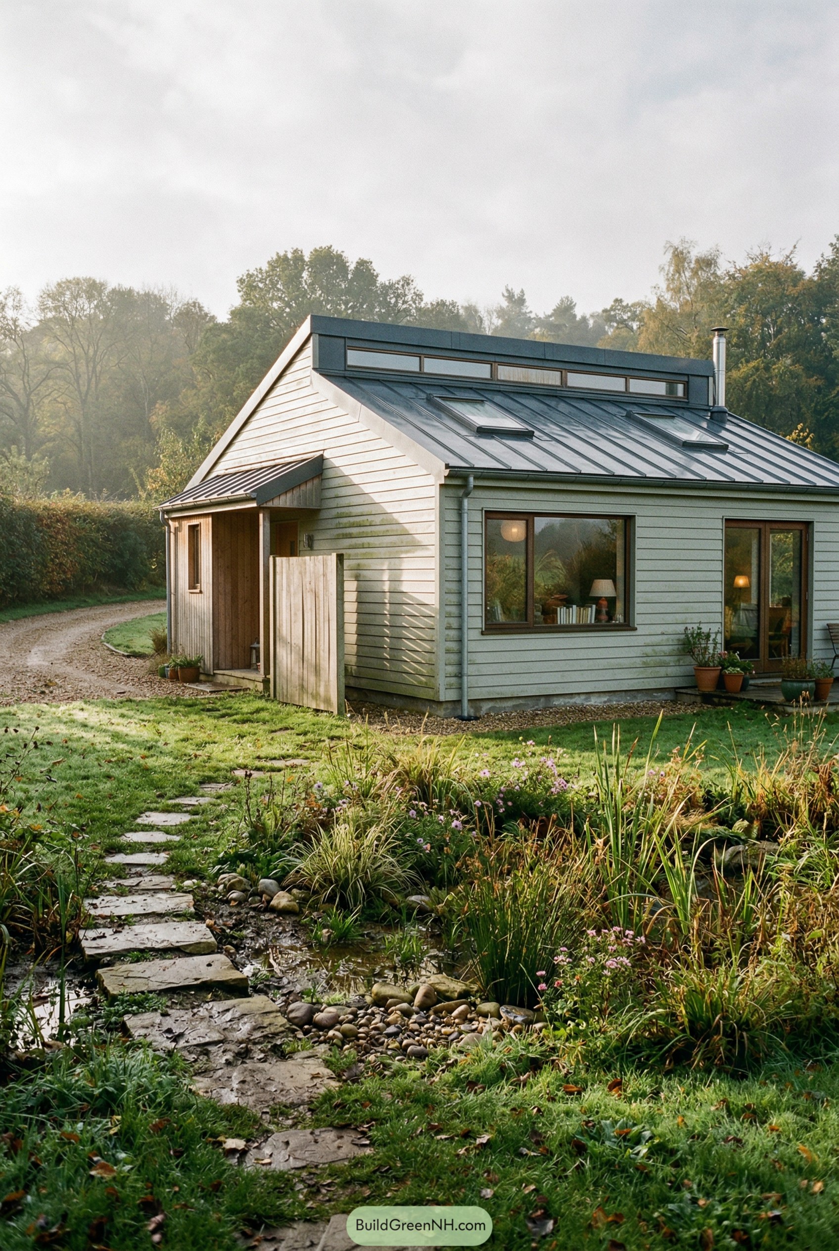 A full-house photo taken from the lawn beside a small rain garden, ensuring the entire modern cottage is in view; modest gable house with a slightly skewed roofline for a contemporary twist, exterior in light sage-painted timber with visible brush variation, roof in dark zinc with a narrow clerestory strip; early autumn morning with low sun and thin mist, shadows stretching across the lawn, rain garden filled with reeds and stones holding shallow water, edges messy with volunteer plants; a stepping-stone path with mud between stones, a simple timber privacy screen near the entry casting soft linear shadows, subtle algae tint near ground line, realistic glass reflections with interior glimpses; no staged symmetry, mild vignetting and natural grain.