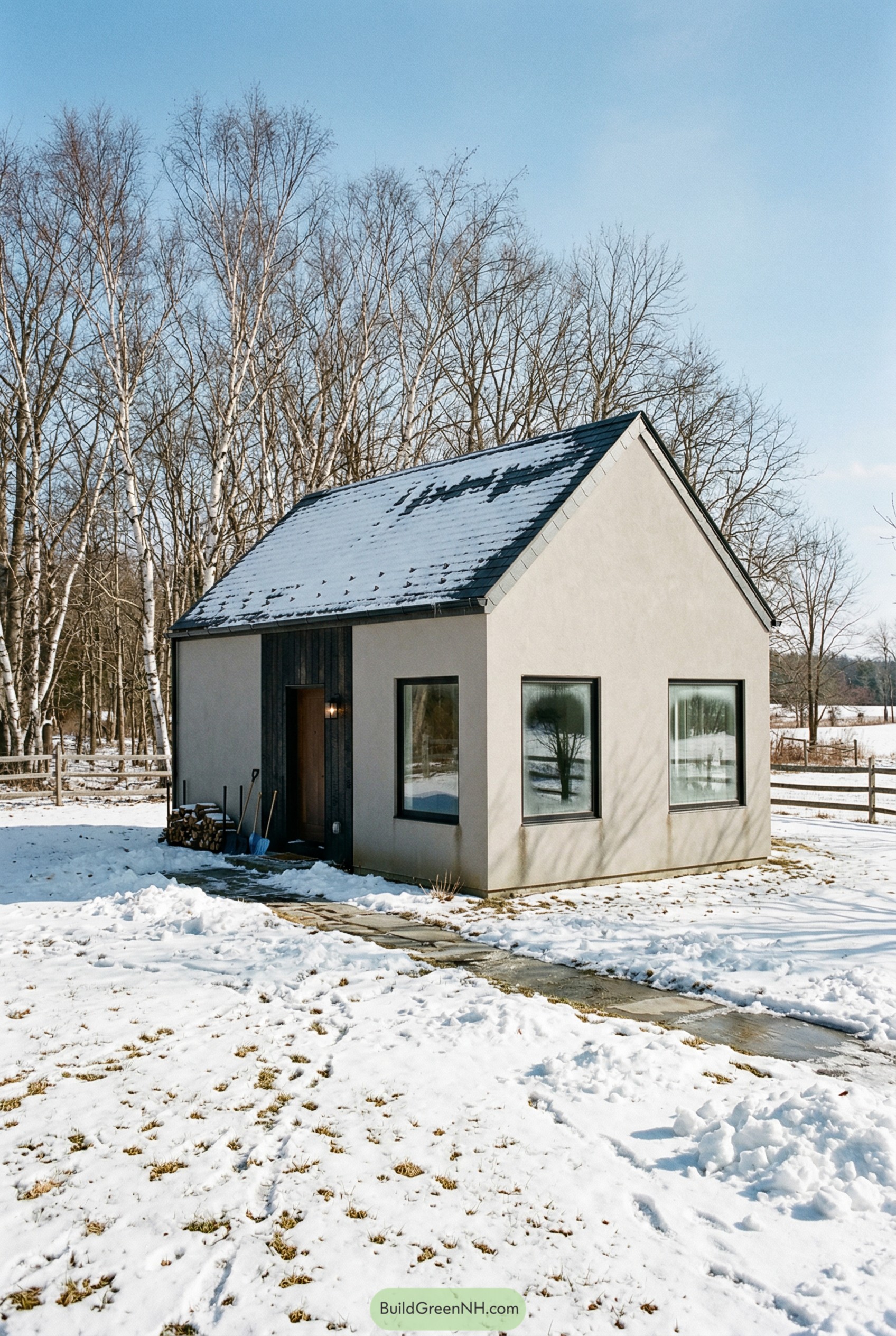 Small modern cottage with simple gabled roof in snowy yard