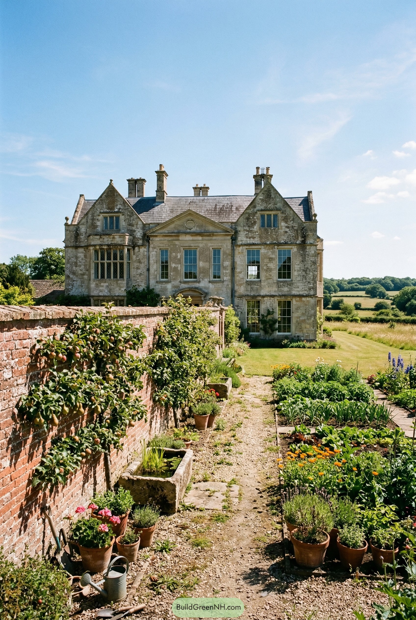A full-view, real-life architecture photo of an English manor house country estate during high summer at noon, seen fully from a slightly elevated viewpoint across a walled kitchen garden corner where espaliered fruit trees cast crisp shadows on sun-warmed brick; the manor itself is pale ashlar stone with a hipped lead roof, irregular wings, and a modest central pediment, but softened by age-darkened lichen and faint soot streaks near chimneys; tall sash windows alternate with older mullioned sections, giving a layered history; foreground includes terracotta pots, a chipped stone trough, and uneven gravel with weeds pushing through; beyond, the lawn transitions into wildflower edges and a distant patchwork of fields under a clear, realistic sky with natural glare highlights on glass. No people, no animals, no text, strictly no collages. Make this look like a real, un-staged architectural photograph (not a render). Use coherent real-world lighting for a specific time/weather (consistent shadow direction and softness across the whole scene). Ensure physically correct grounding with strong contact shadows/ambient occlusion - nothing floating. Add natural realistic environmental randomness (irregular vegetation density, mixed species, messy edges, footprints/mud/snow variation, small clutter). Glass must behave realistically (balanced reflections + interior visibility, mild glare hotspots, slight condensation if cold). Avoid perfect symmetry and "hero shot" staging; use slightly off-center human framing. Add subtle camera characteristics: realistic dynamic range (no HDR look), mild depth of field, slight vignetting, gentle film grain, natural color.