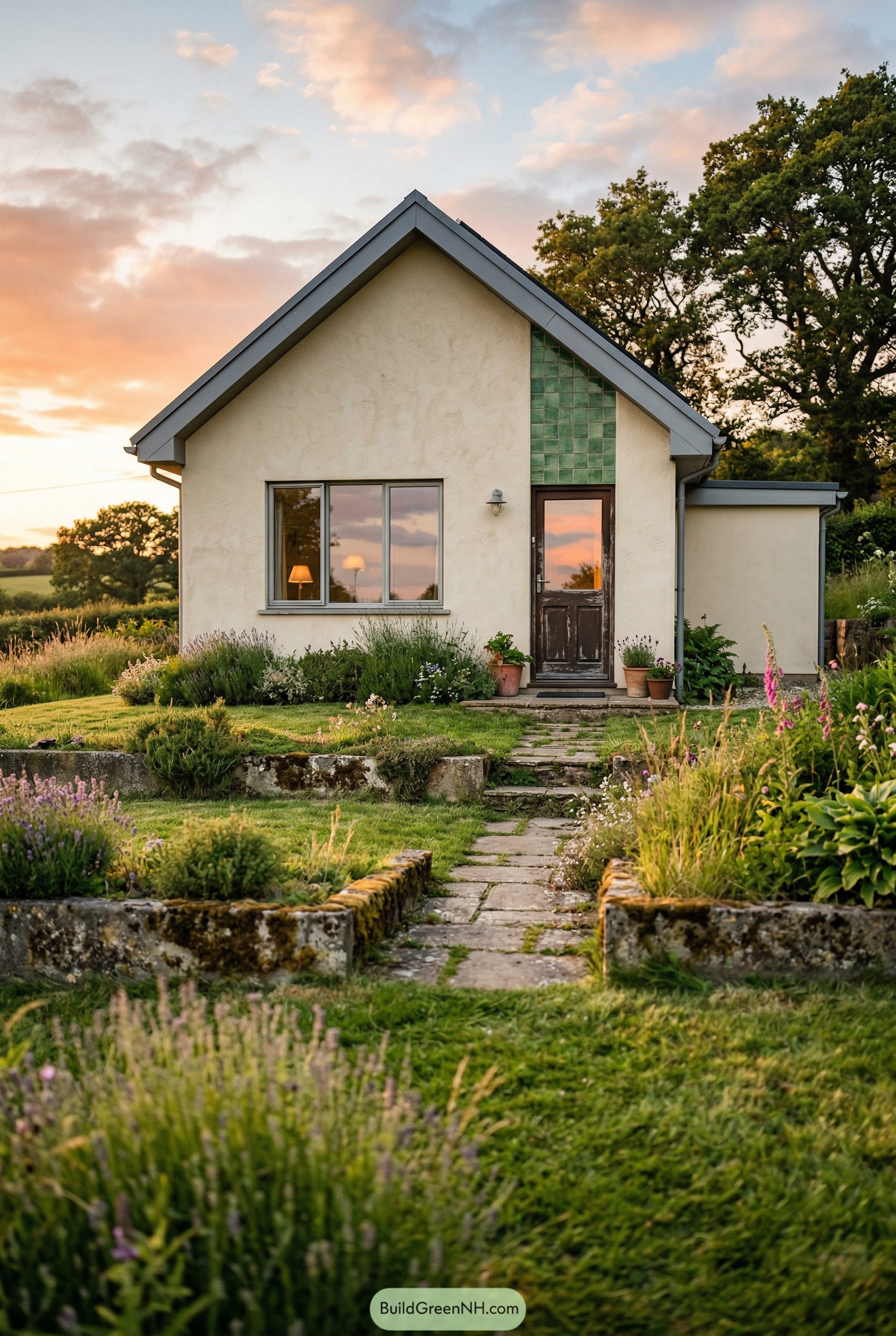 Modern cream cottage with gable roof and lush stone-edged garden path