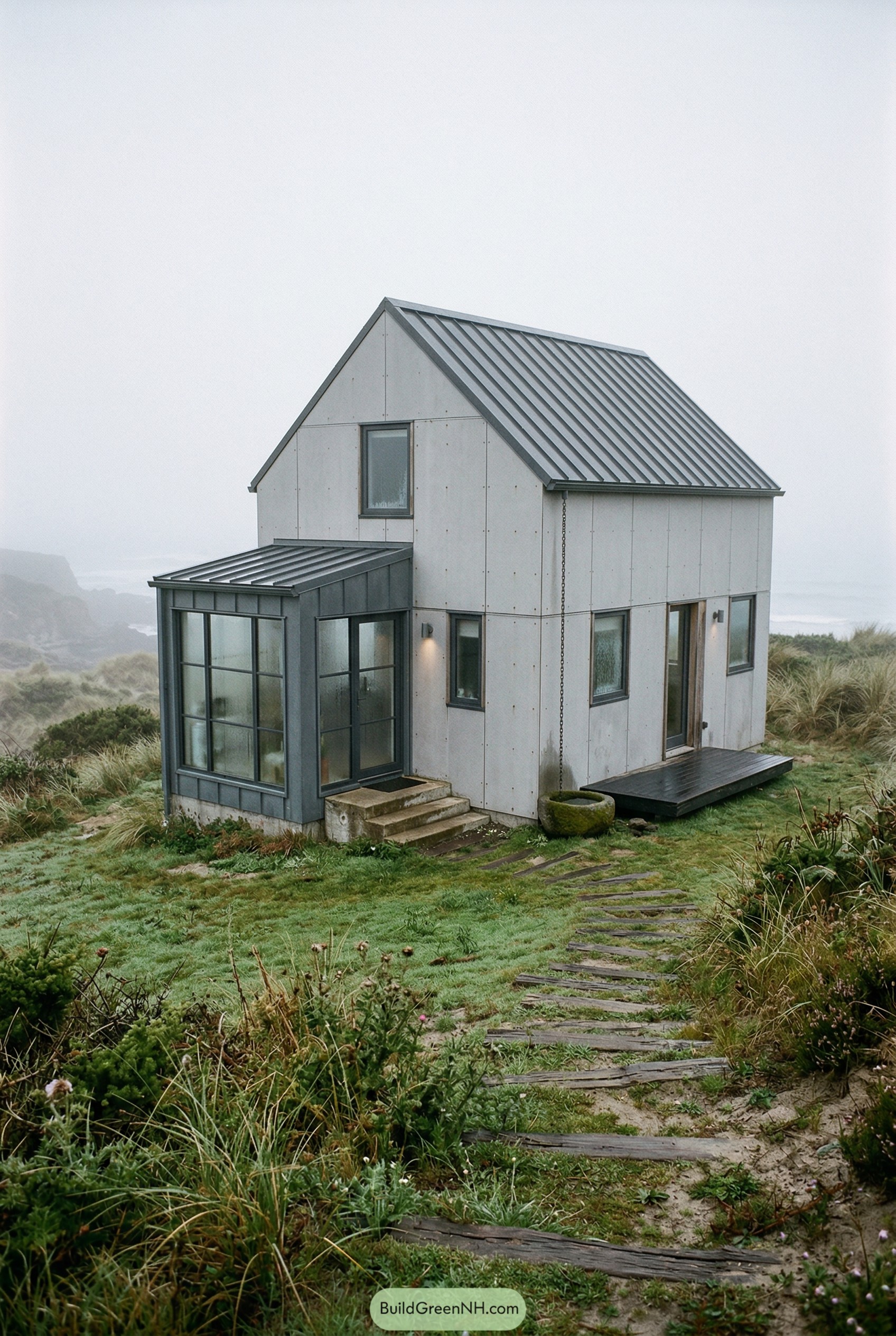 Compact modern cottage with glass sunroom and metal roof on a misty coastal lawn