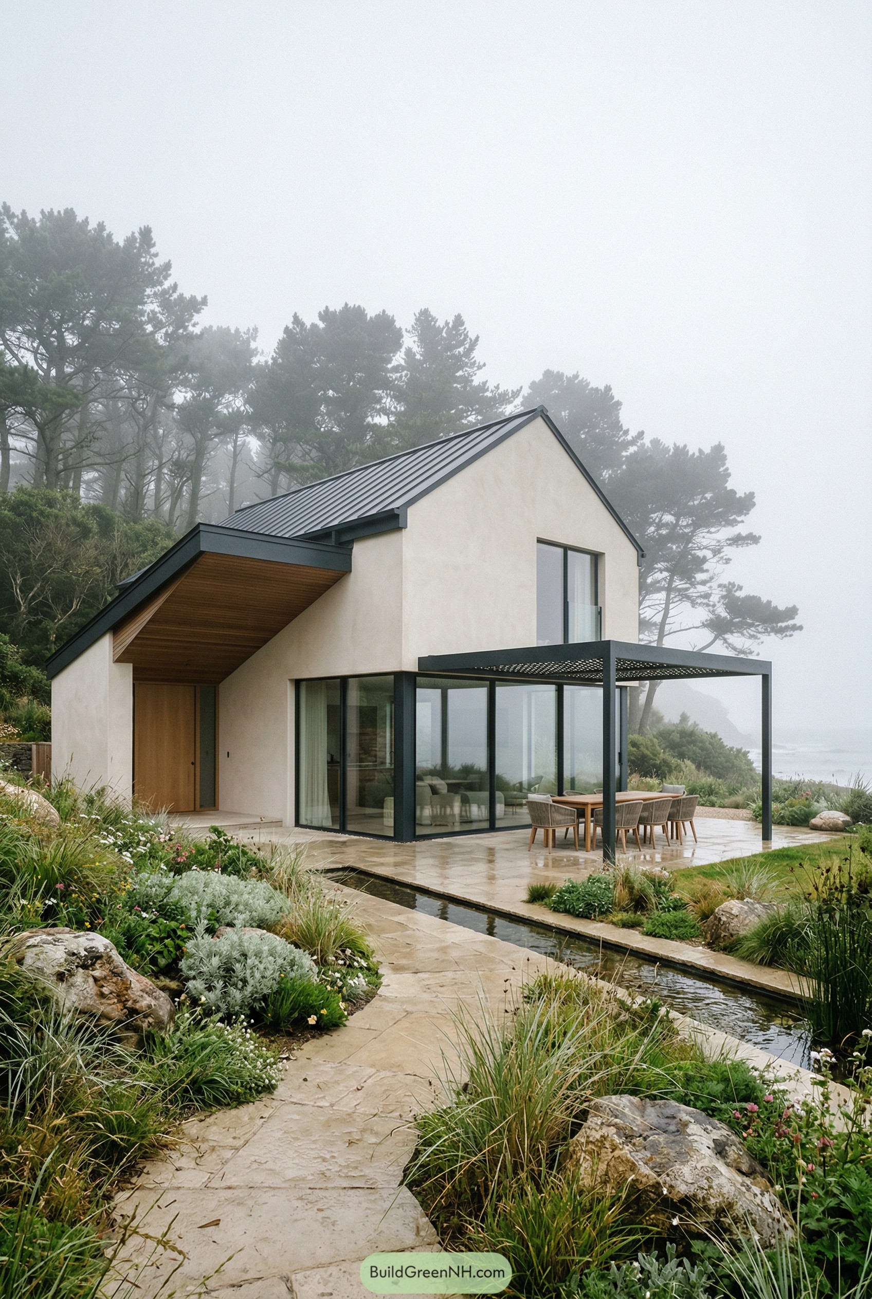 Modern coastal villa with large windows opening to a misty garden terrace