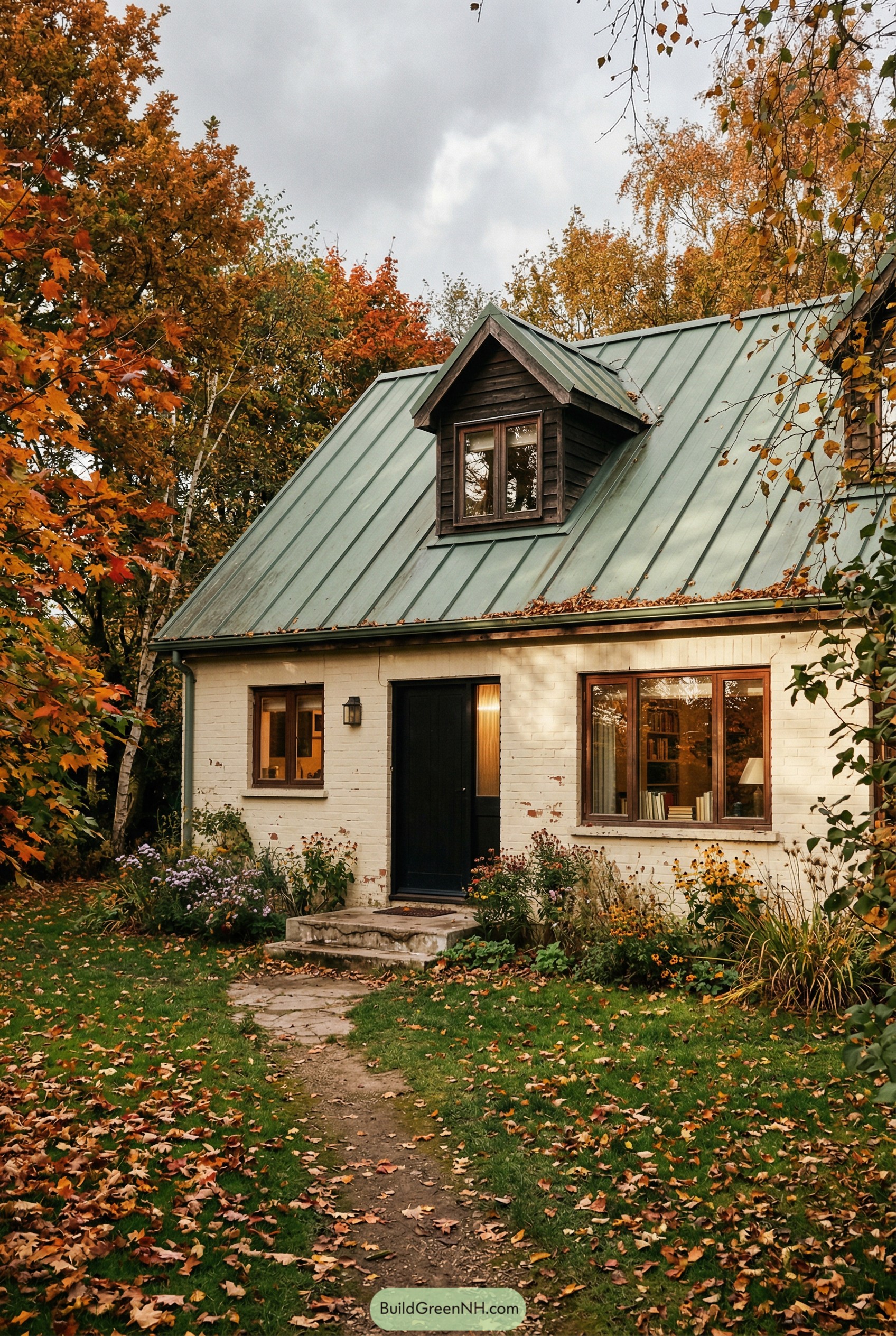 Small cream brick cottage with green metal roof, black door, and autumn trees surrounding a leafy lawn path