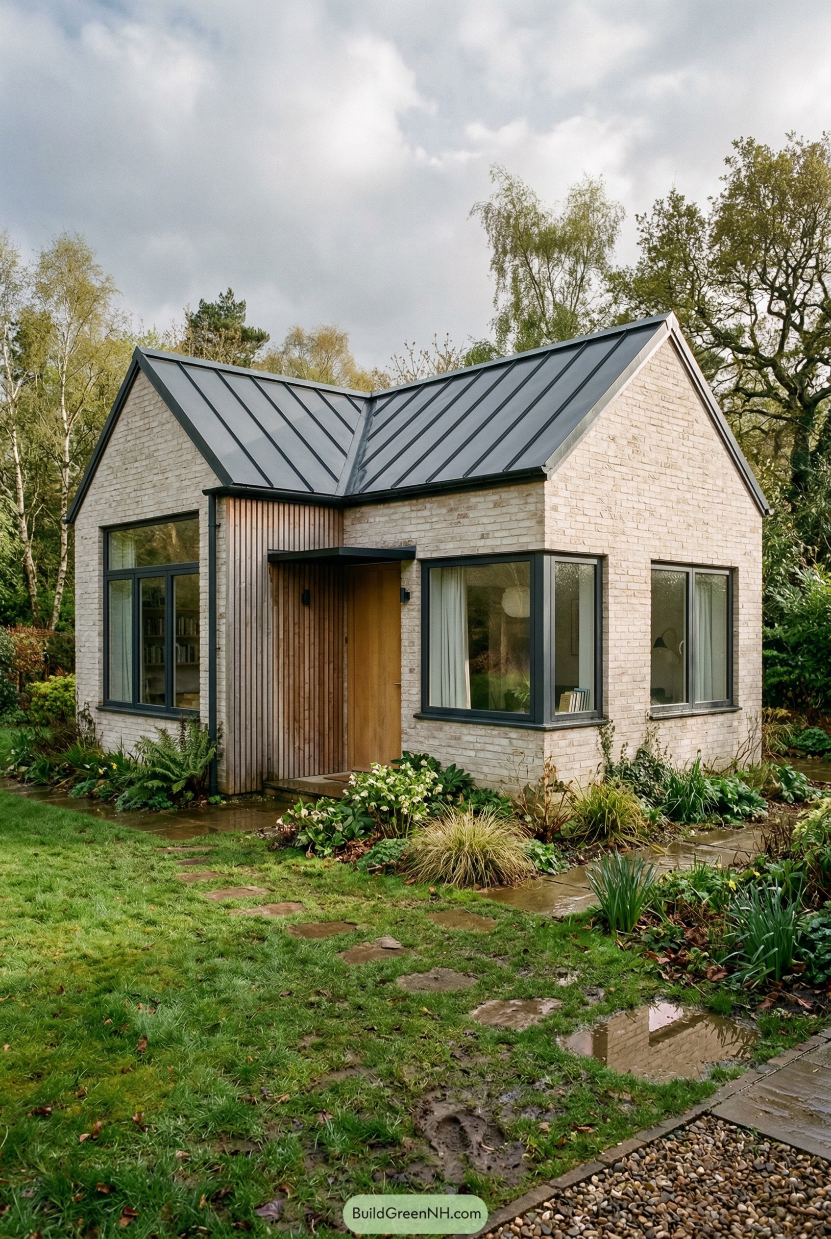 Small brick cottage with metal roof and lush garden lawn