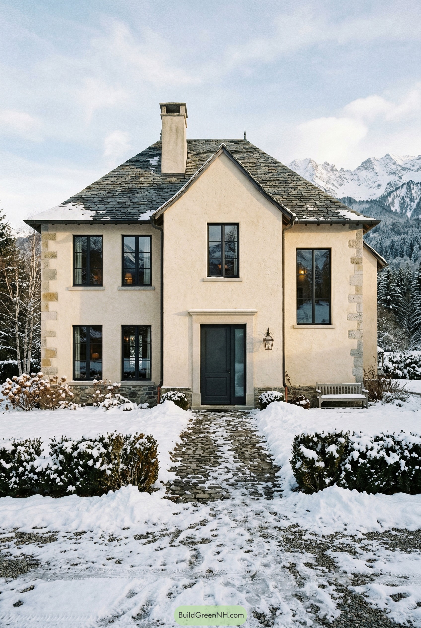 A real-life architecture photograph with the full house completely visible: a modern French country volume with creamy stucco walls, limestone quoins only at select corners, a steep slate roof punctuated by a single asymmetrical chimney, and tall divided-light windows with matte-black metal frames; the front door is a contemporary charcoal-painted double door with a narrow sidelight, reached by a slightly uneven cobblestone apron bordered by clipped boxwood that breaks into messy winter tufts; late afternoon in mid-winter, fresh snow drifts against the base of the façade, shovel marks and compacted footprints near the threshold, distant alpine foothills under a pale sky, and cold crisp light creating sharp blue-tinged shadows across the snow. No people, no animals, no text, strictly no collages. Make this look like a real, un-staged architectural photograph (not a render). Use coherent real-world lighting for a specific time/weather (consistent shadow direction and softness across the whole scene). Ensure physically correct grounding with strong contact shadows/ambient occlusion - nothing floating. Add natural realistic environmental randomness (irregular vegetation density, mixed species, messy edges, footprints/mud/snow variation, small clutter). Glass must behave realistically (balanced reflections + interior visibility, mild glare hotspots, slight condensation if cold). Avoid perfect symmetry and "hero shot" staging; use slightly off-center human framing. Add subtle camera characteristics: realistic dynamic range (no HDR look), mild depth of field, slight vignetting, gentle film grain, natural color.