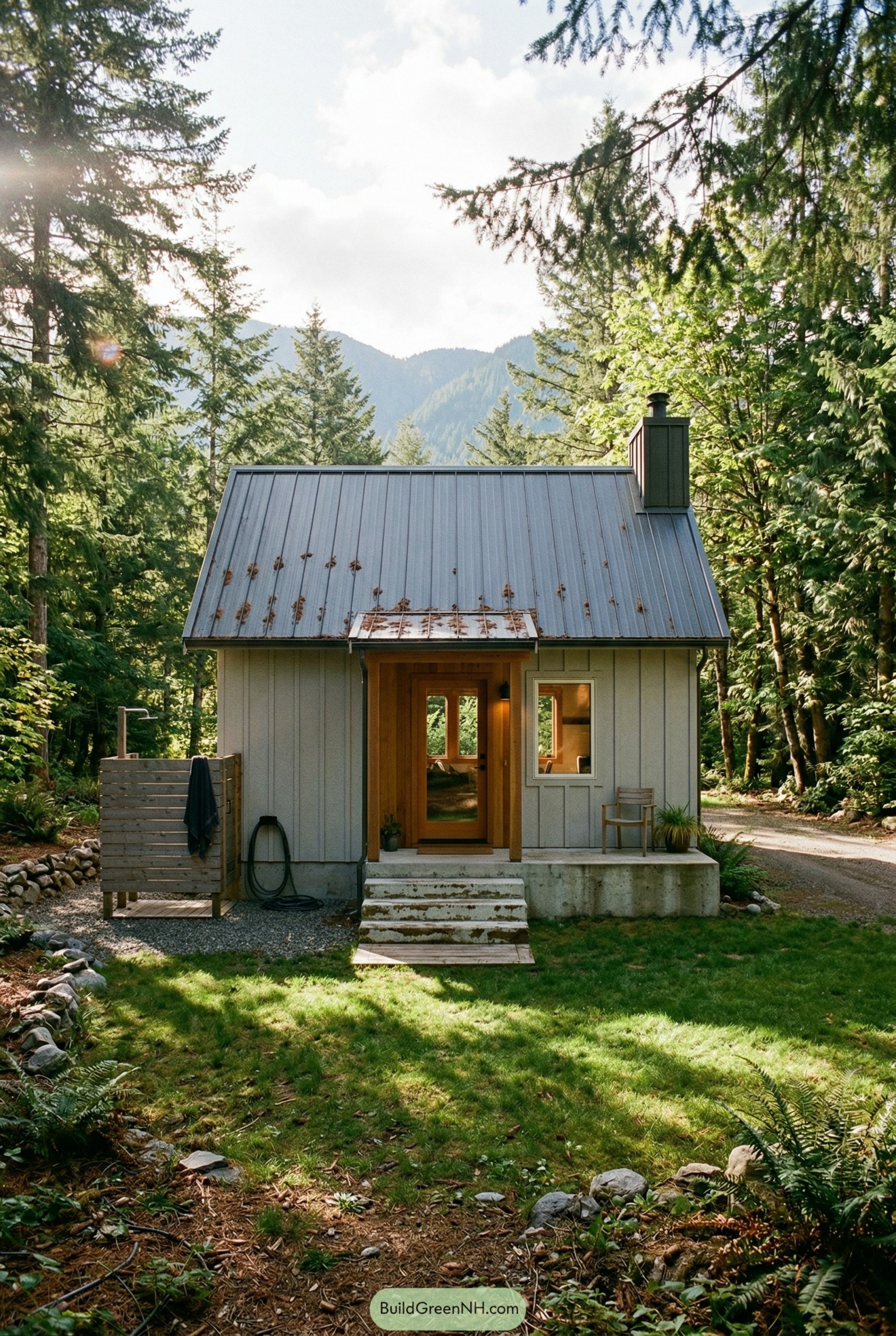 Small gray cottage with metal roof and forest lawn
