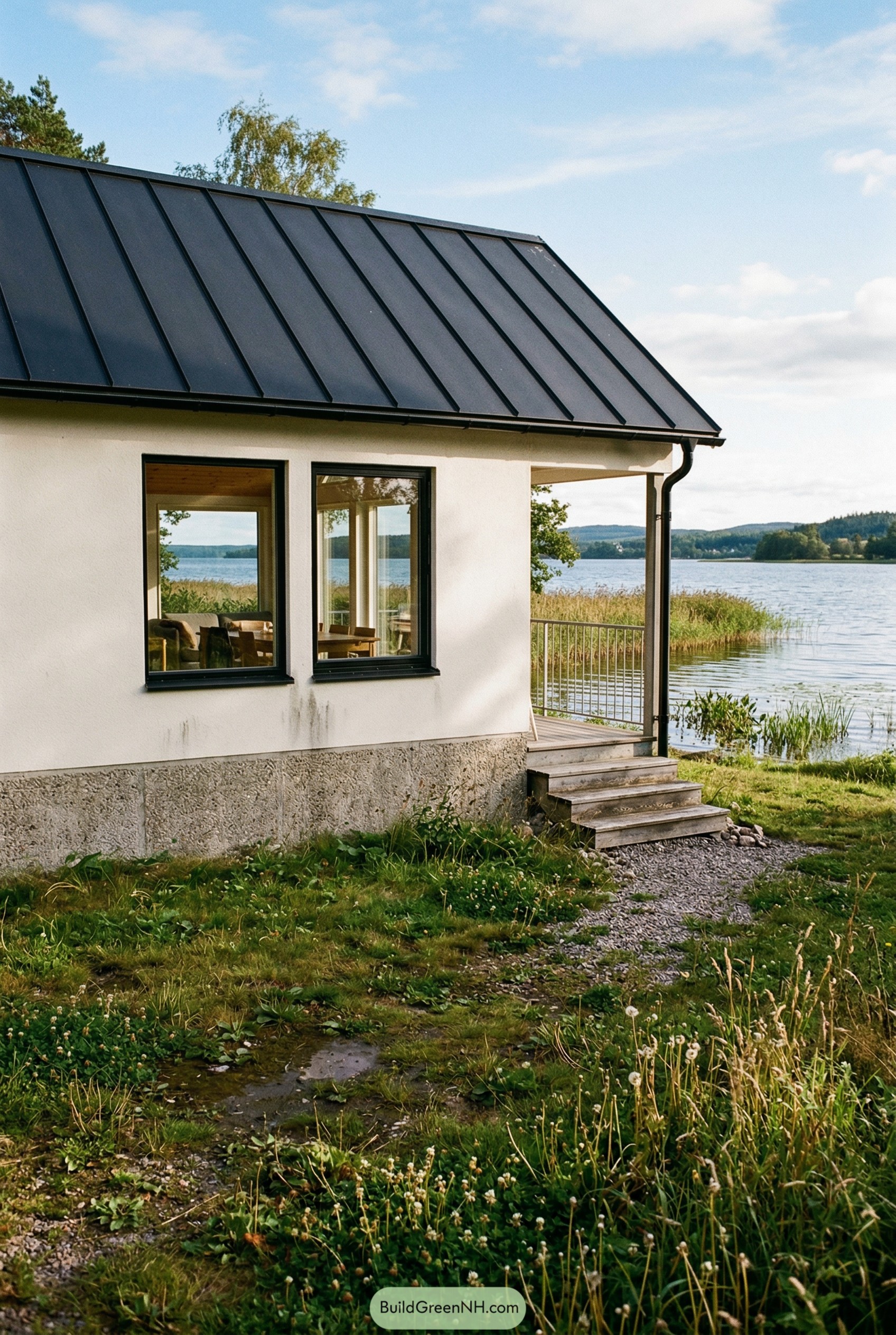 Compact white cottage with black metal roof and small deck overlooking a calm lake