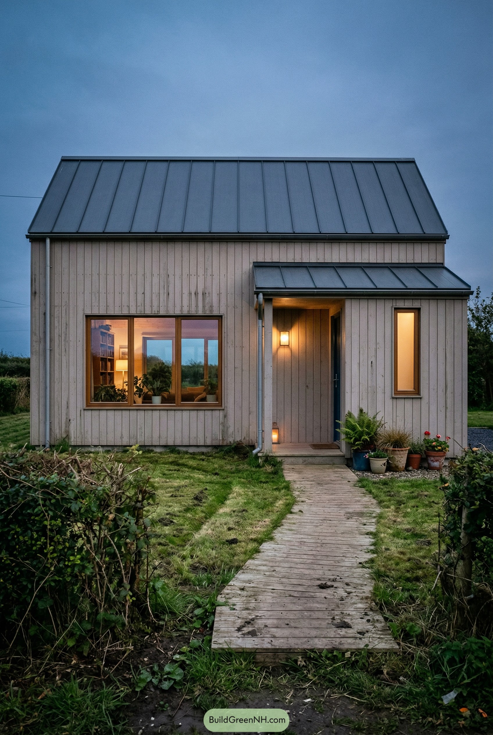 Compact modern cottage with metal roof at dusk