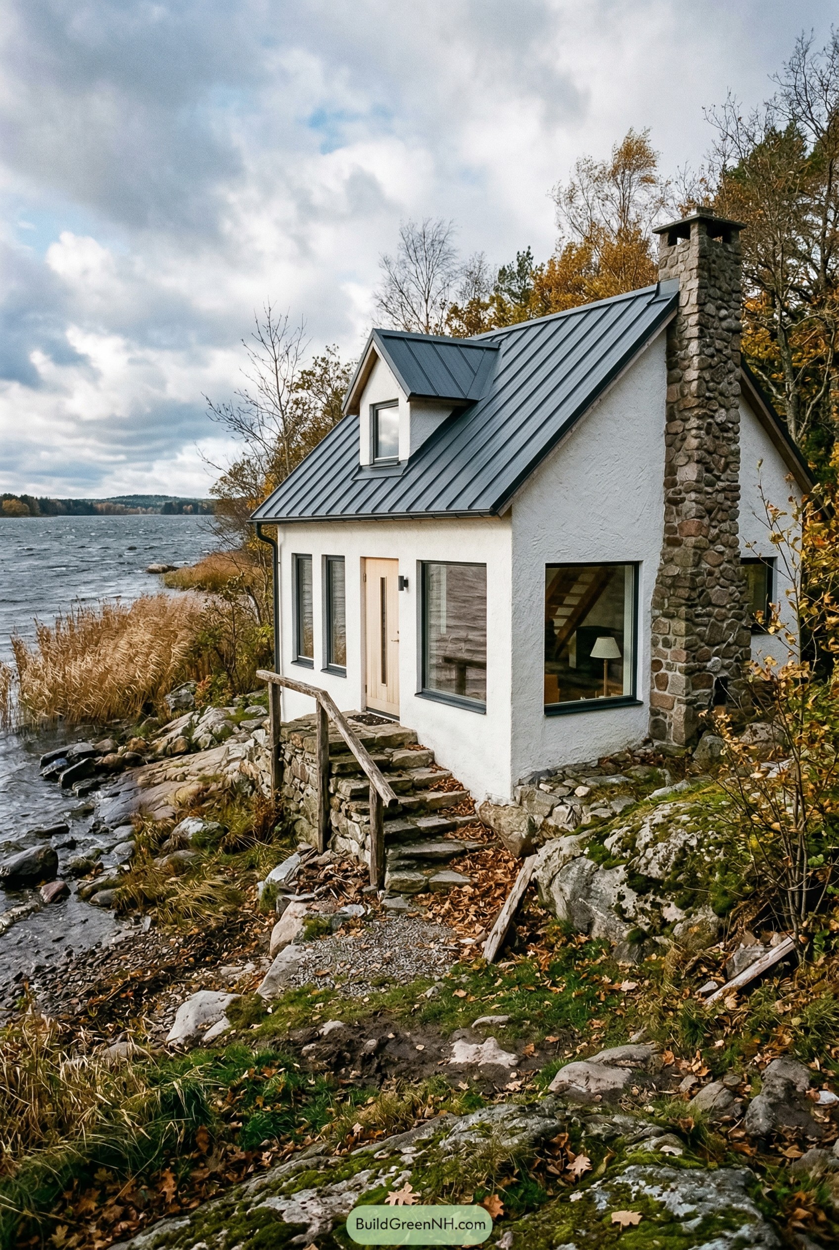 A real, unstaged architectural photograph that includes the full modern white cottage house, captured from a slightly low angle on a rocky lakeshore during crisp autumn afternoon; the cottage has white stucco walls with a rugged local-stone chimney, a steep charcoal roof punctuated by a small dormer, and a mix of tall narrow windows and one wide picture window with thin dark frames; the front door is pale wood with a narrow vertical glass slit, reached by uneven stone steps and a weathered timber handrail; fallen leaves gather in corners of the porch, the ground is a mix of mossy rock and patchy grass with scattered acorns, and the lake behind reflects broken clouds and reeds bending in wind. No people, no animals, no text, strictly no collages. Make this look like a real, un-staged architectural photograph (not a render). Use coherent real-world lighting for a specific time/weather (consistent shadow direction and softness across the whole scene). Ensure physically correct grounding with strong contact shadows/ambient occlusion - nothing floating. Add natural realistic environmental randomness (irregular vegetation density, mixed species, messy edges, footprints/mud/snow variation, small clutter). Glass must behave realistically (balanced reflections + interior visibility, mild glare hotspots, slight condensation if cold). Avoid perfect symmetry and "hero shot" staging; use slightly off-center human framing. Add subtle camera characteristics: realistic dynamic range (no HDR look), mild depth of field, slight vignetting, gentle film grain, natural color.