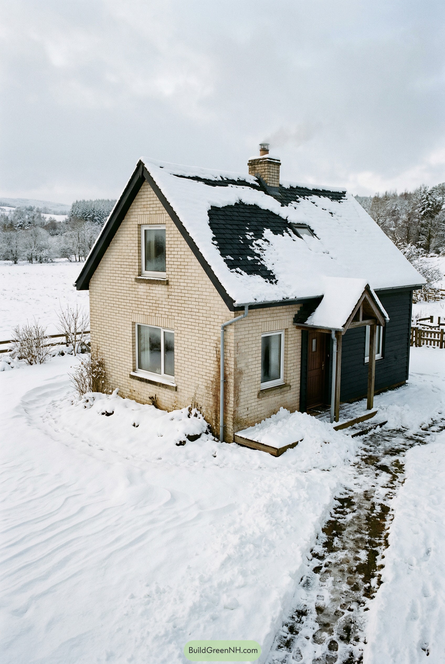 Snow covered brick cottage with dark roof