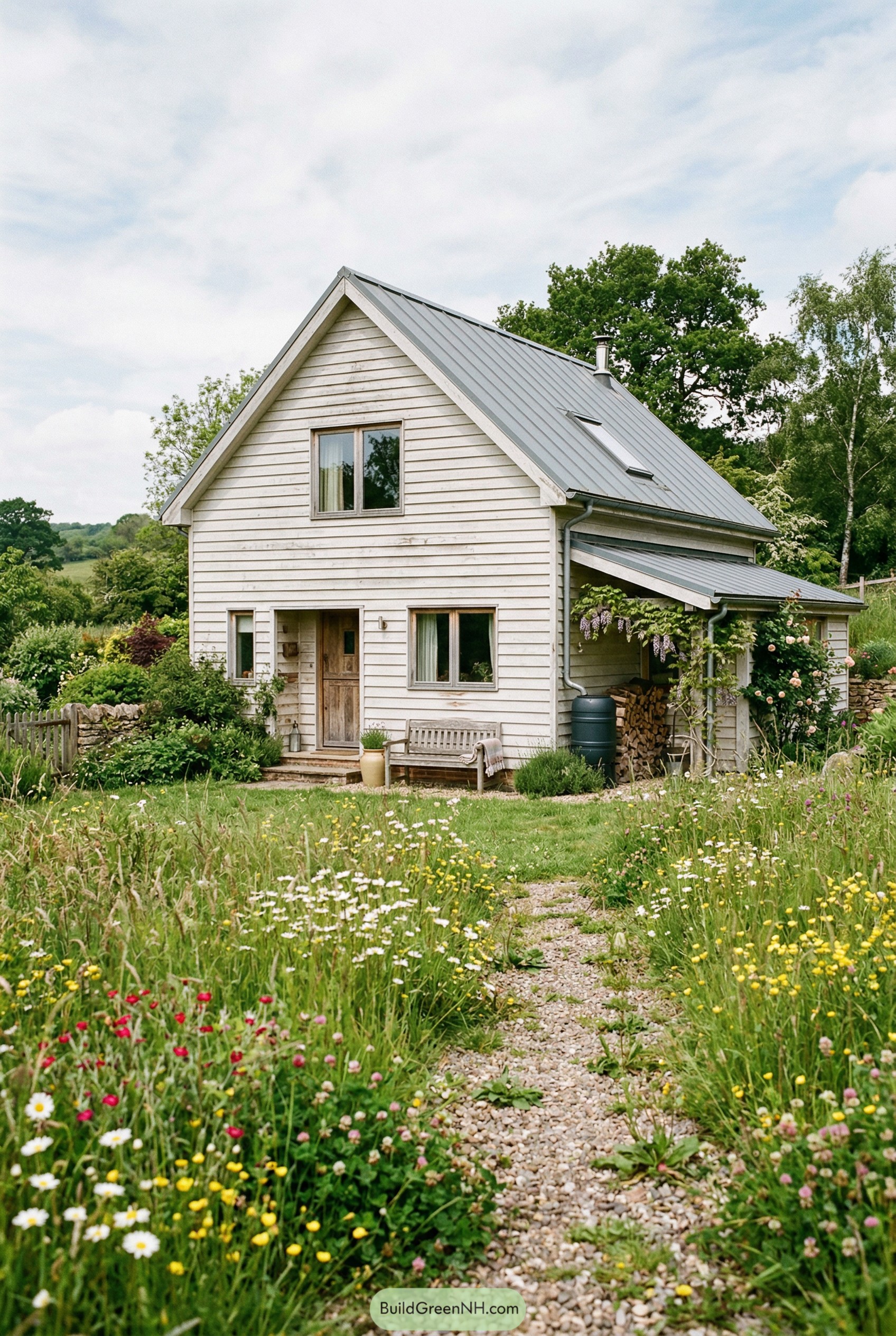 Small modern cottage with metal roof and wildflower lawn