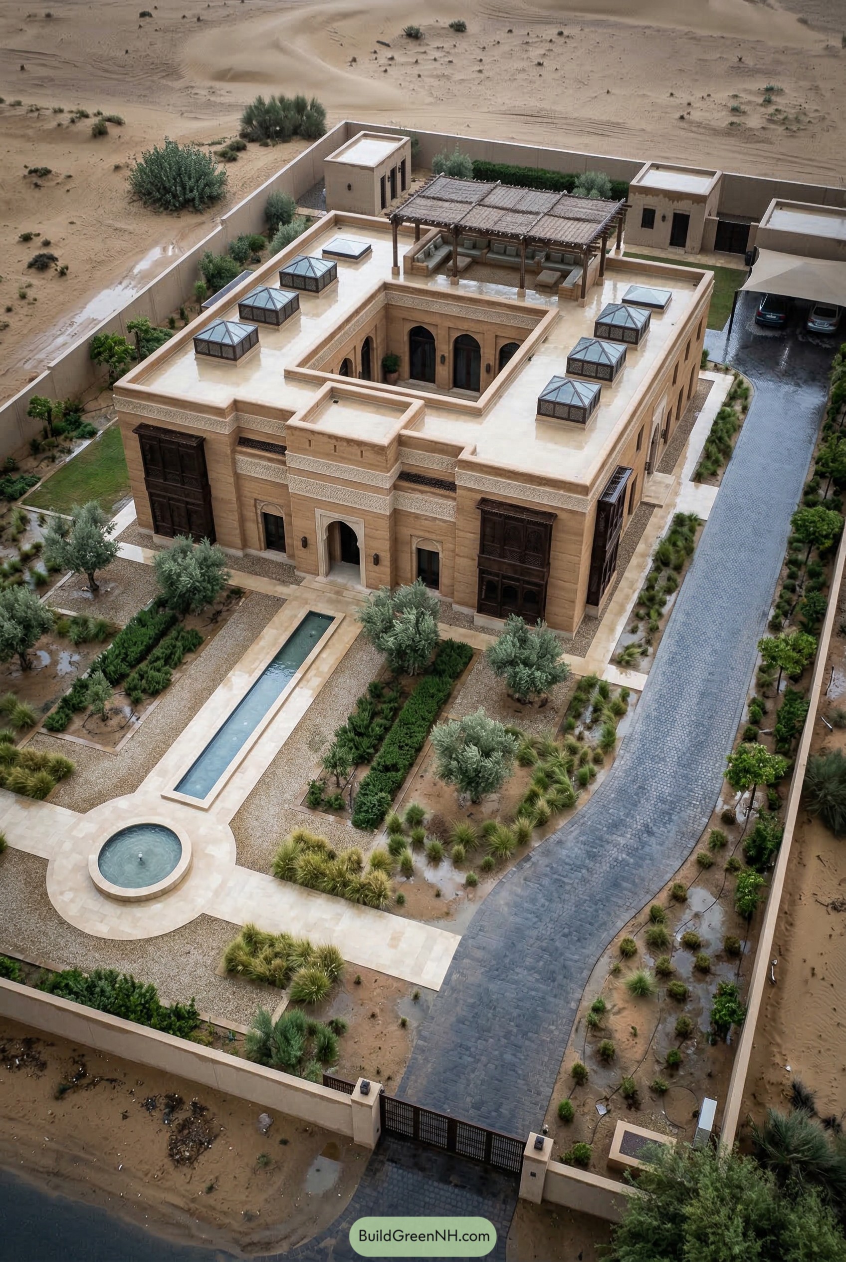 Aerial view of a walled desert courtyard house