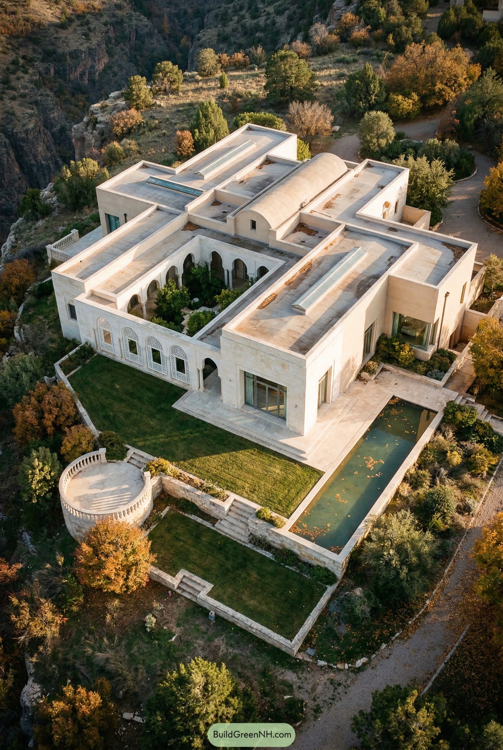 Aerial view of stone courtyard house with long pool
