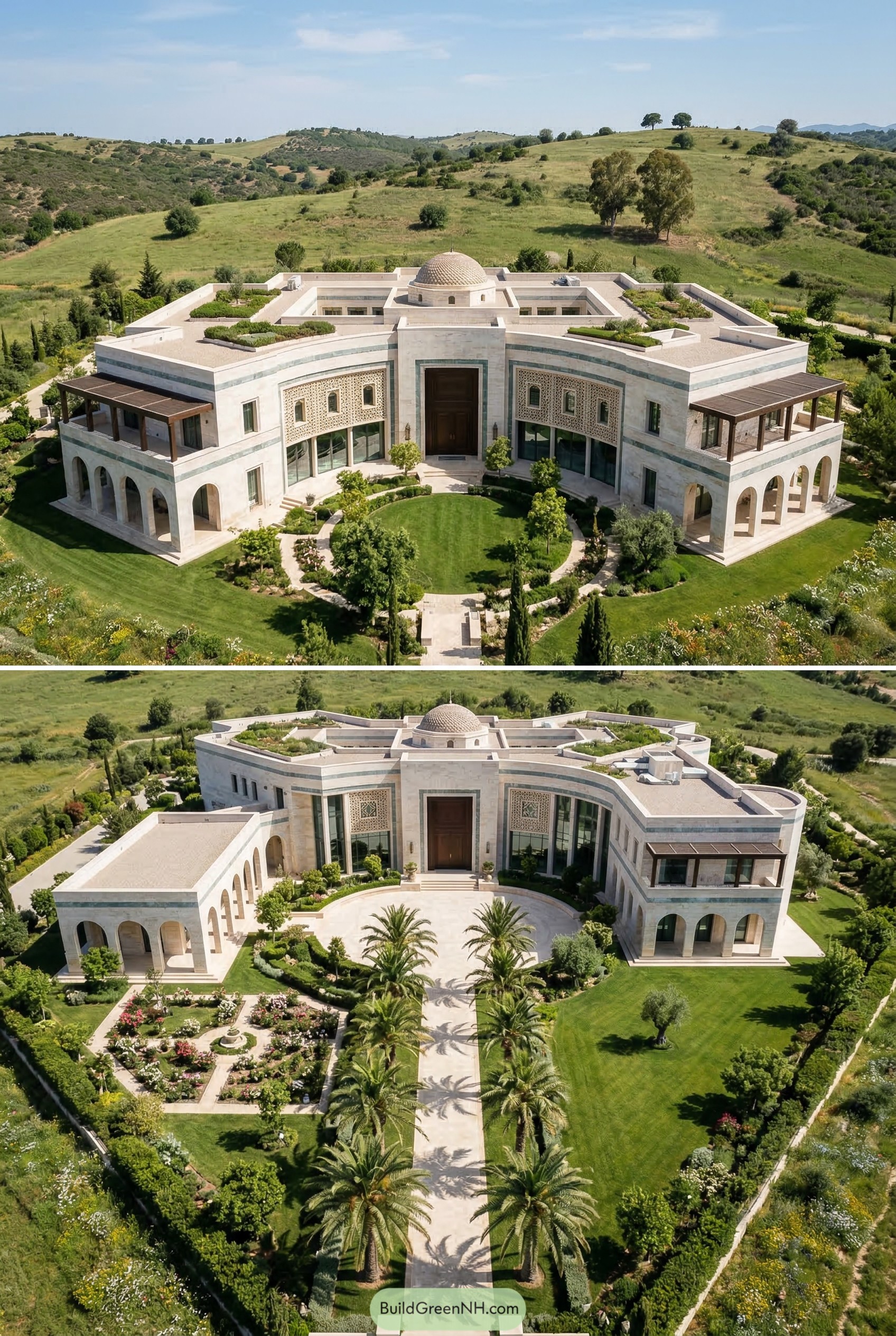 Grand stone mansion with central dome and palm court