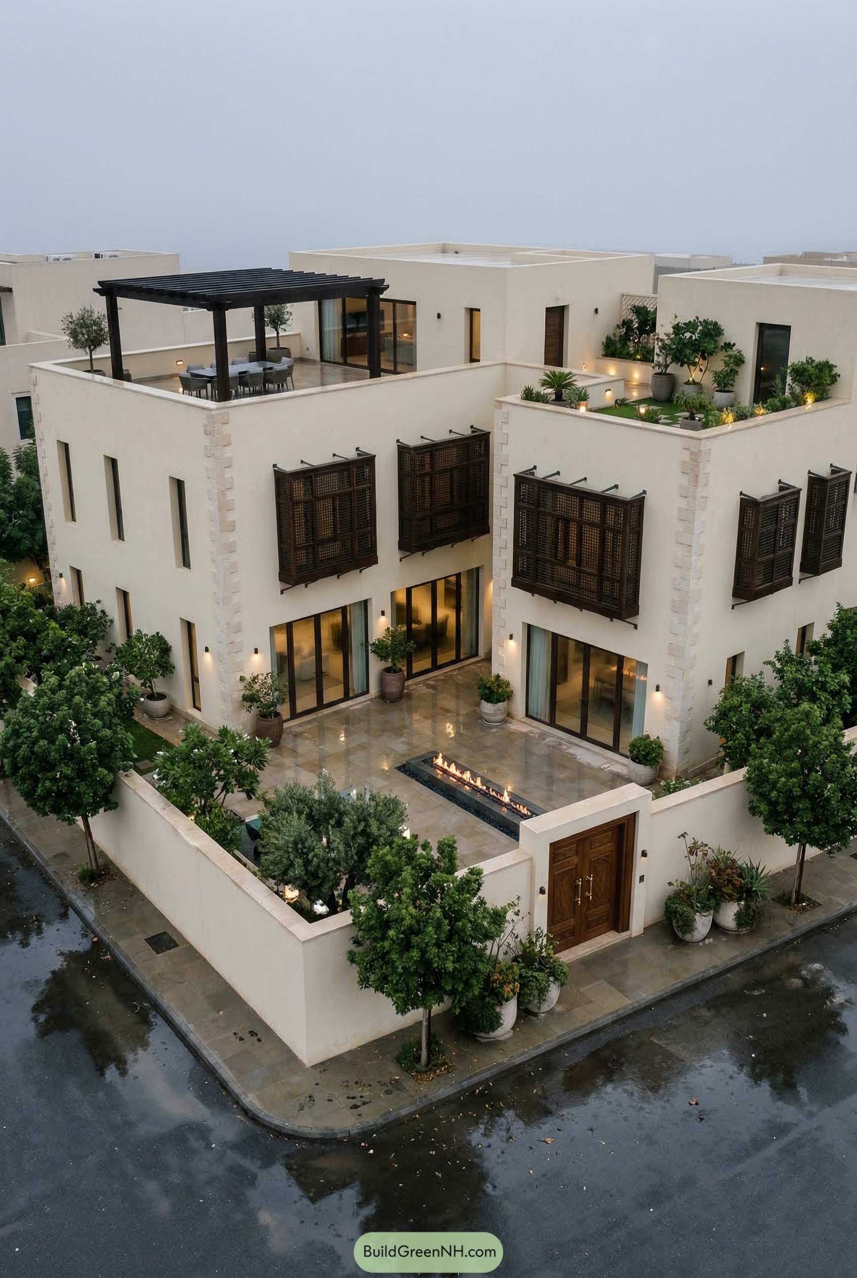 Modern cream villa with wooden lattice screens