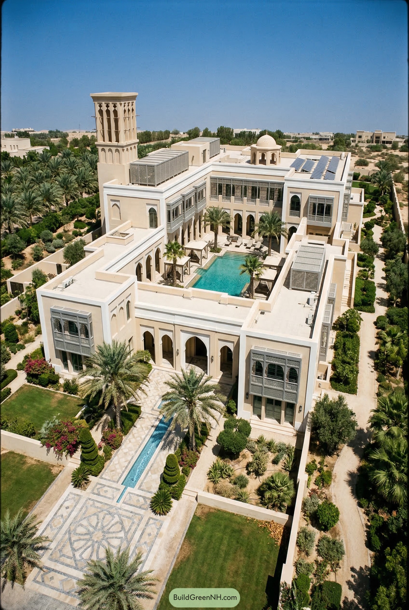 Large cream villa with courtyard pool and wind tower