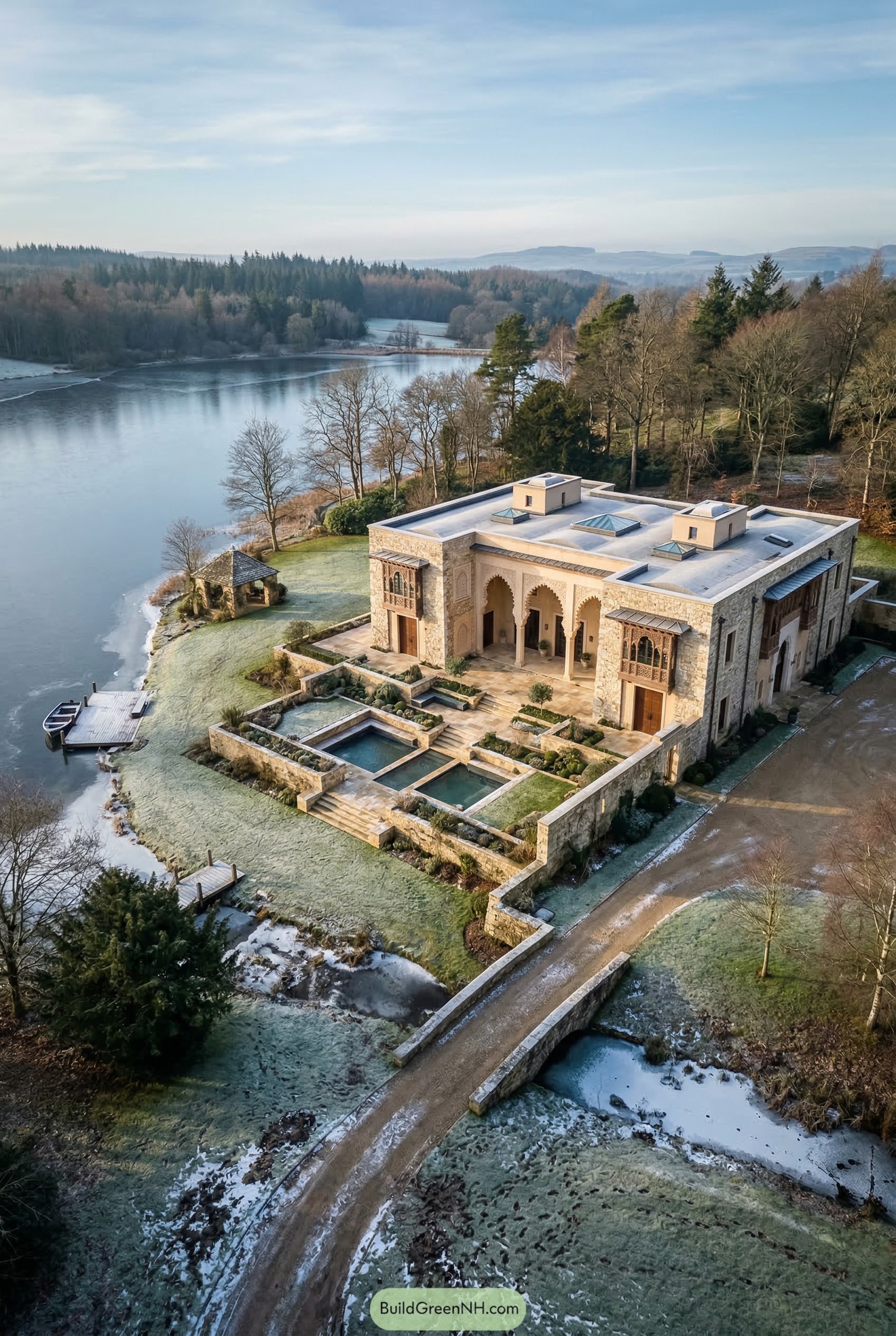 Stone Arabic villa beside a frosty lake