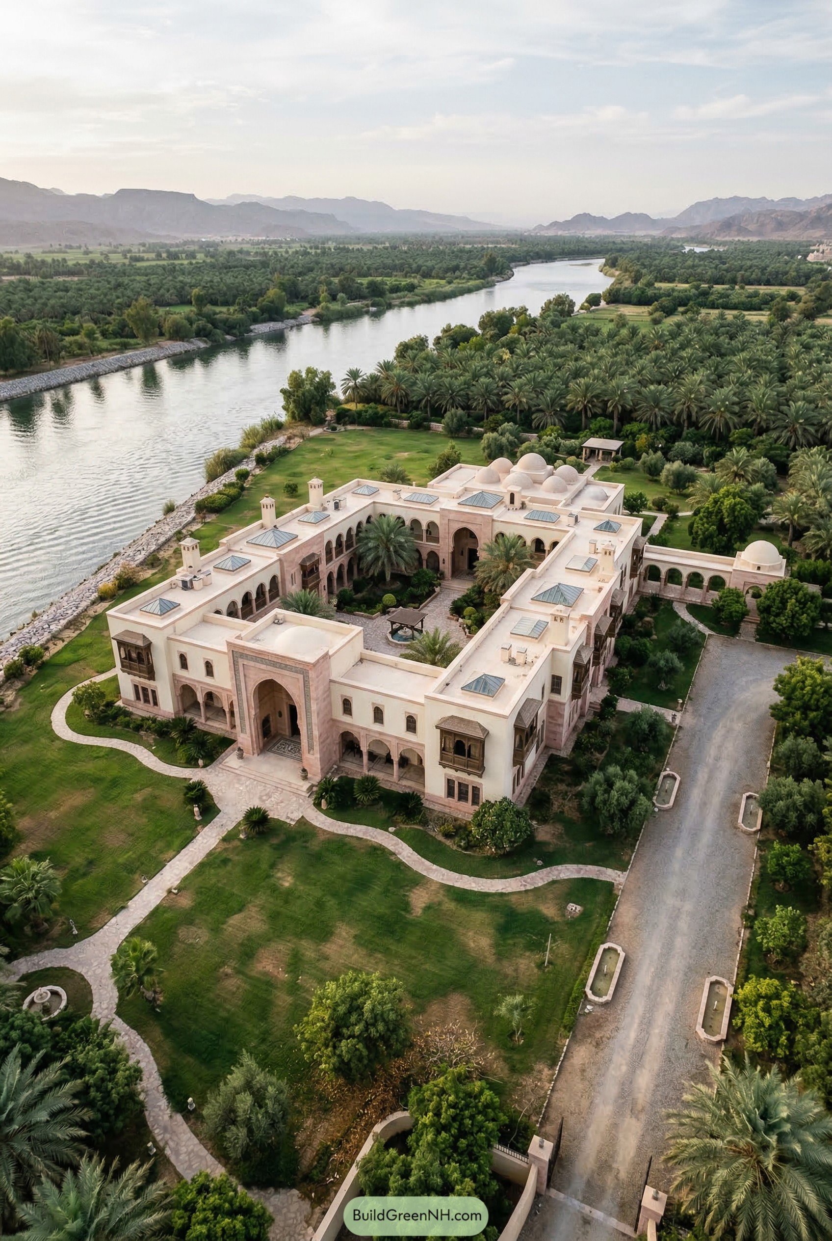 Large courtyard villa beside a river and palm grove