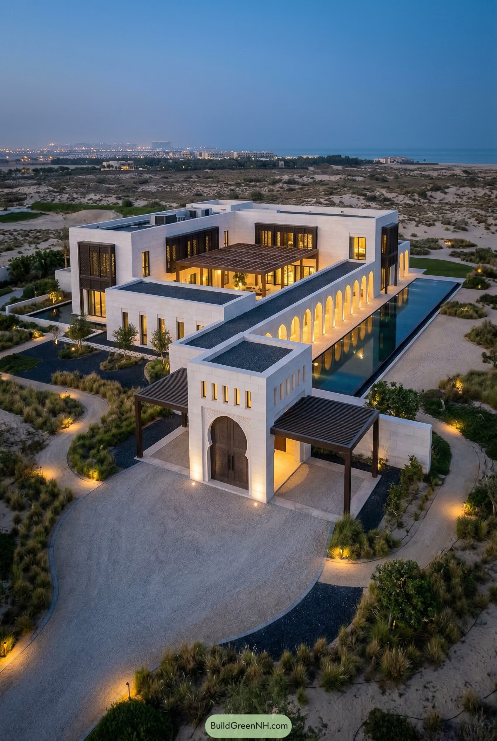 Modern Arabic villa with arched pool arcade